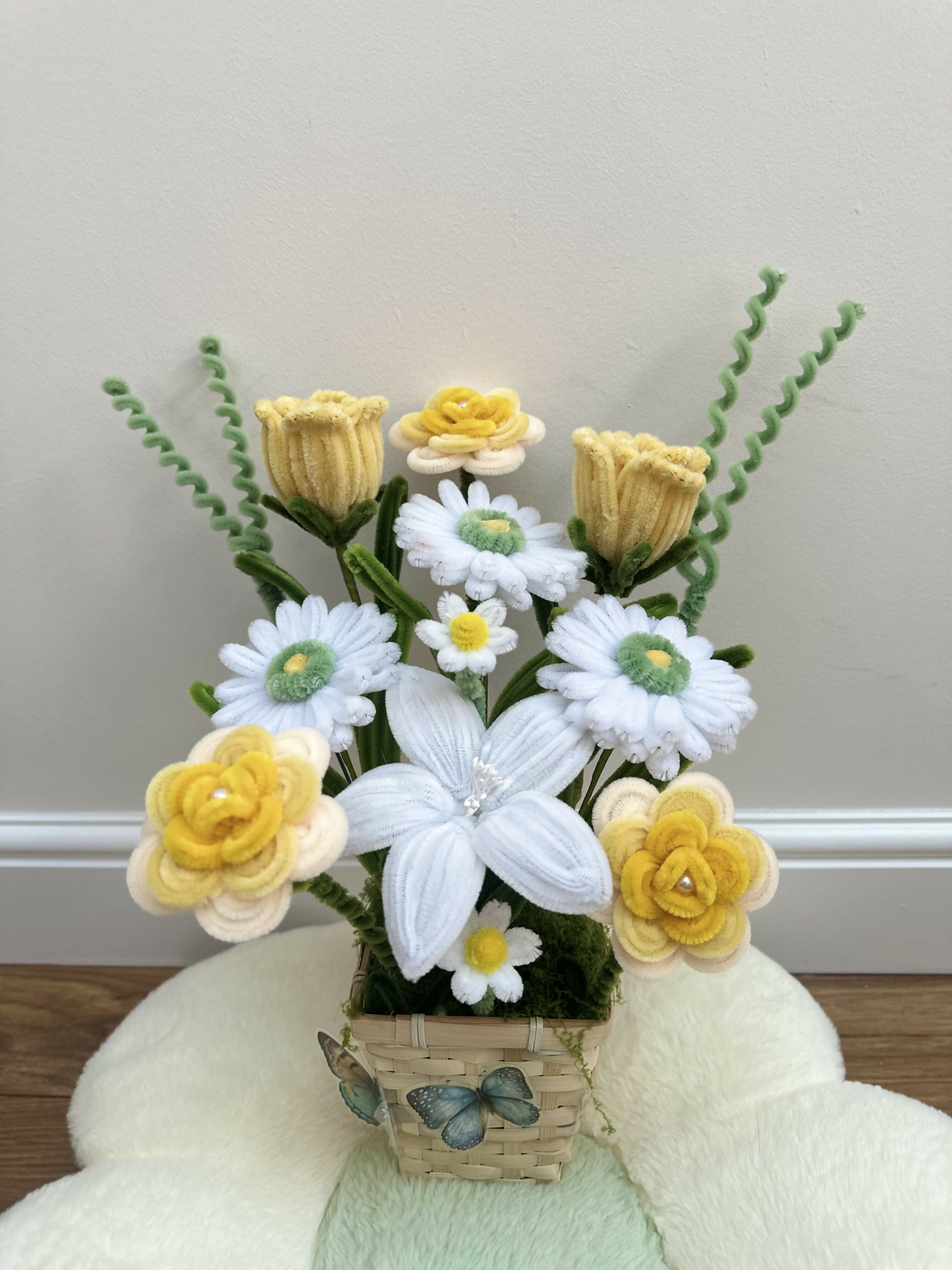 Handmade Chenille Wildflower Basket Arrangem
