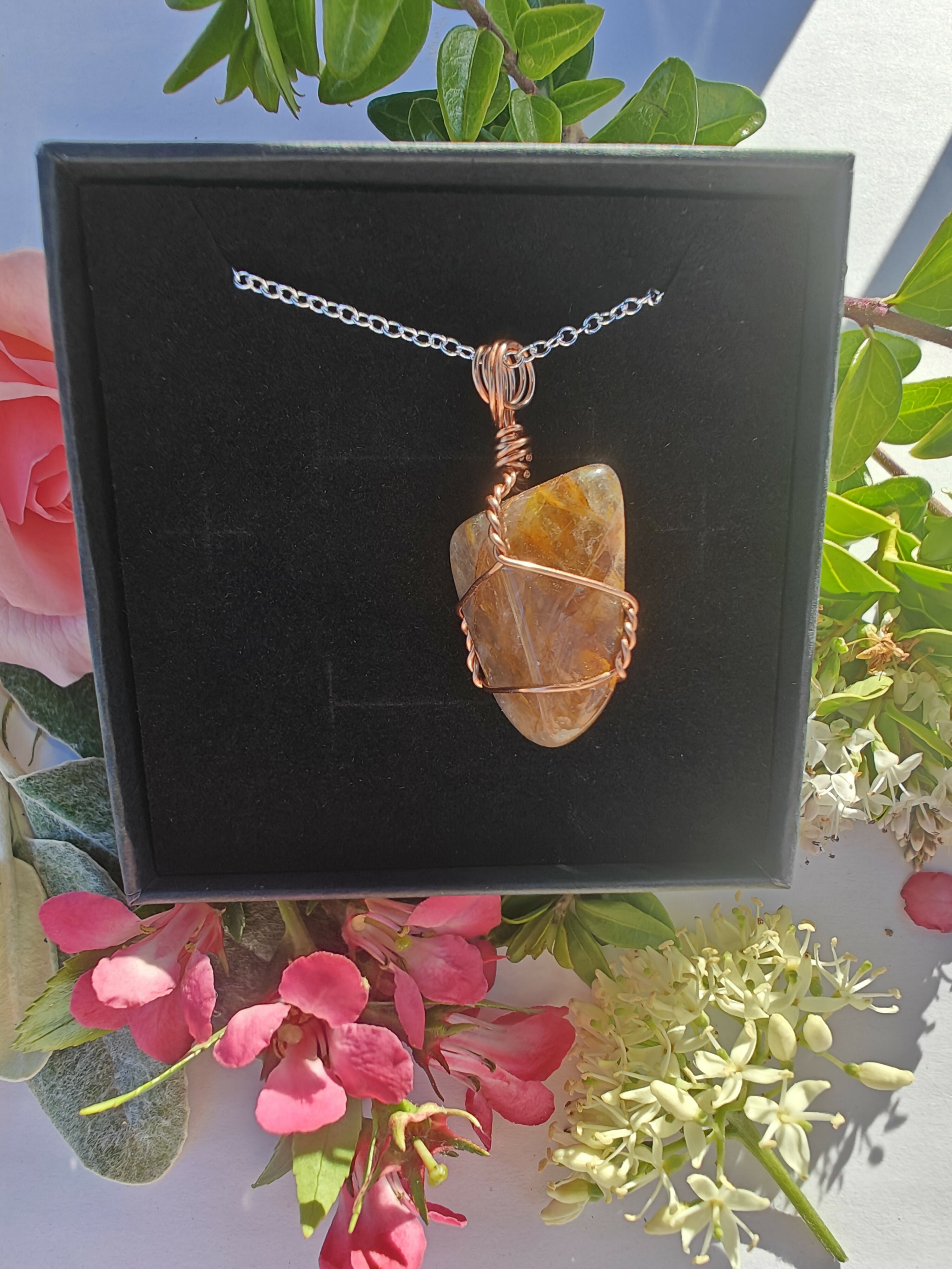 Yellow Fire Quartz Wire Wrapped Crystal Necklace on Sterling Silver Chain