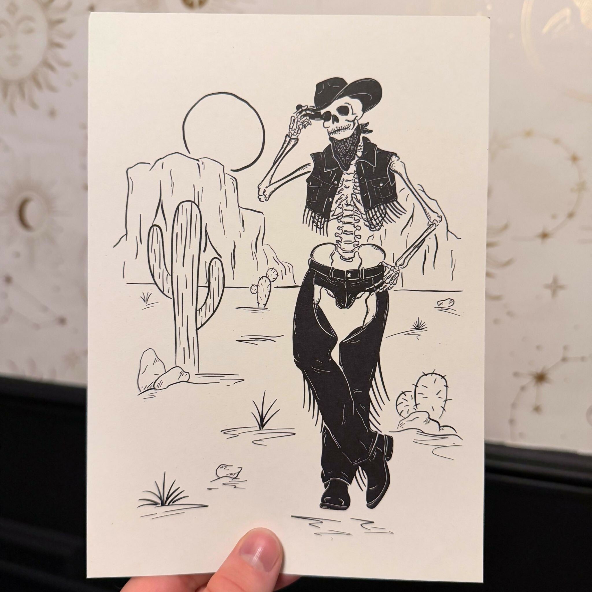 Cowboy Skeleton - Illustrated Black and White Print
