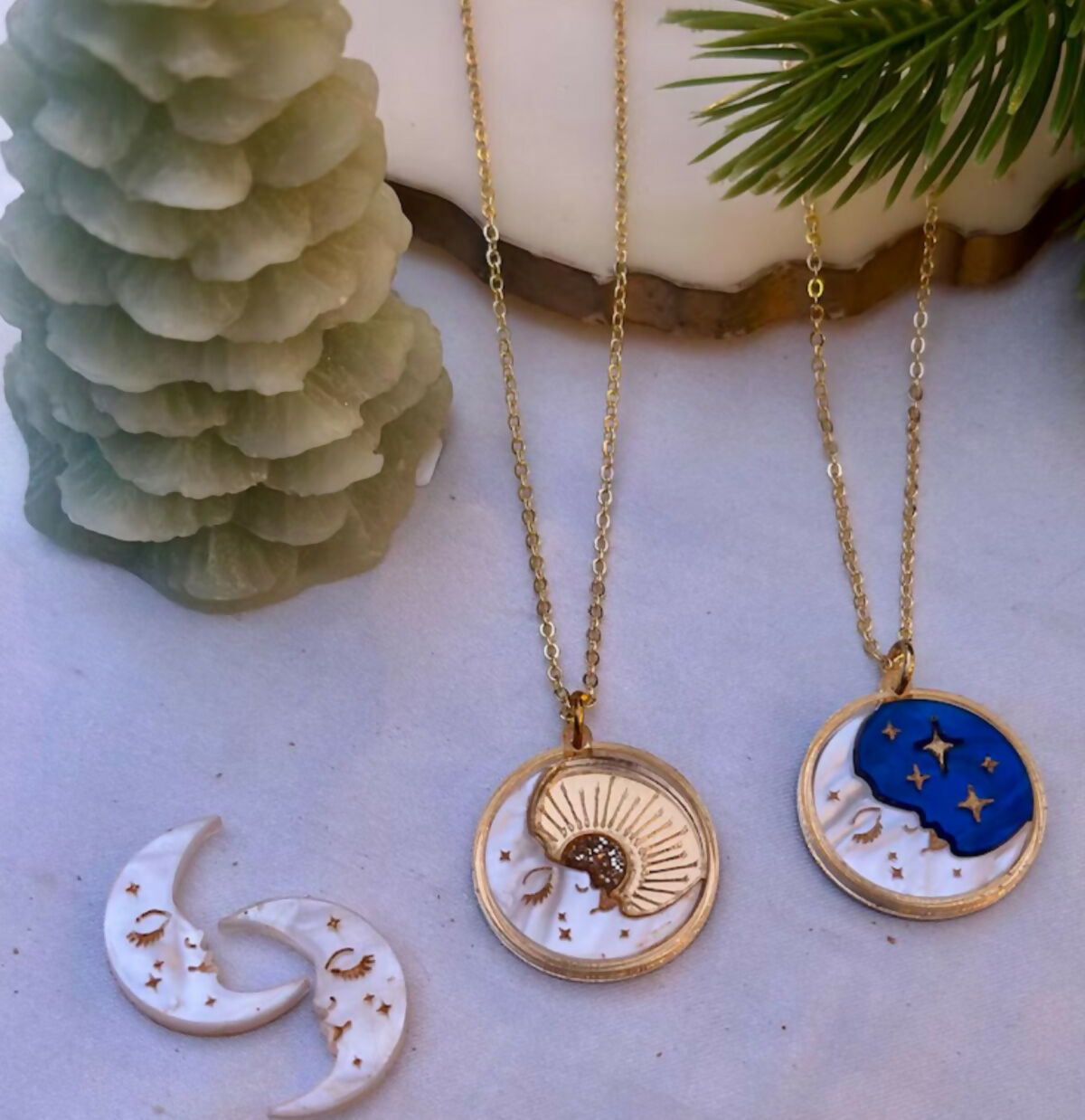 Celestial, Christmas Crescent Moon and Starry Sky Disc Pendant