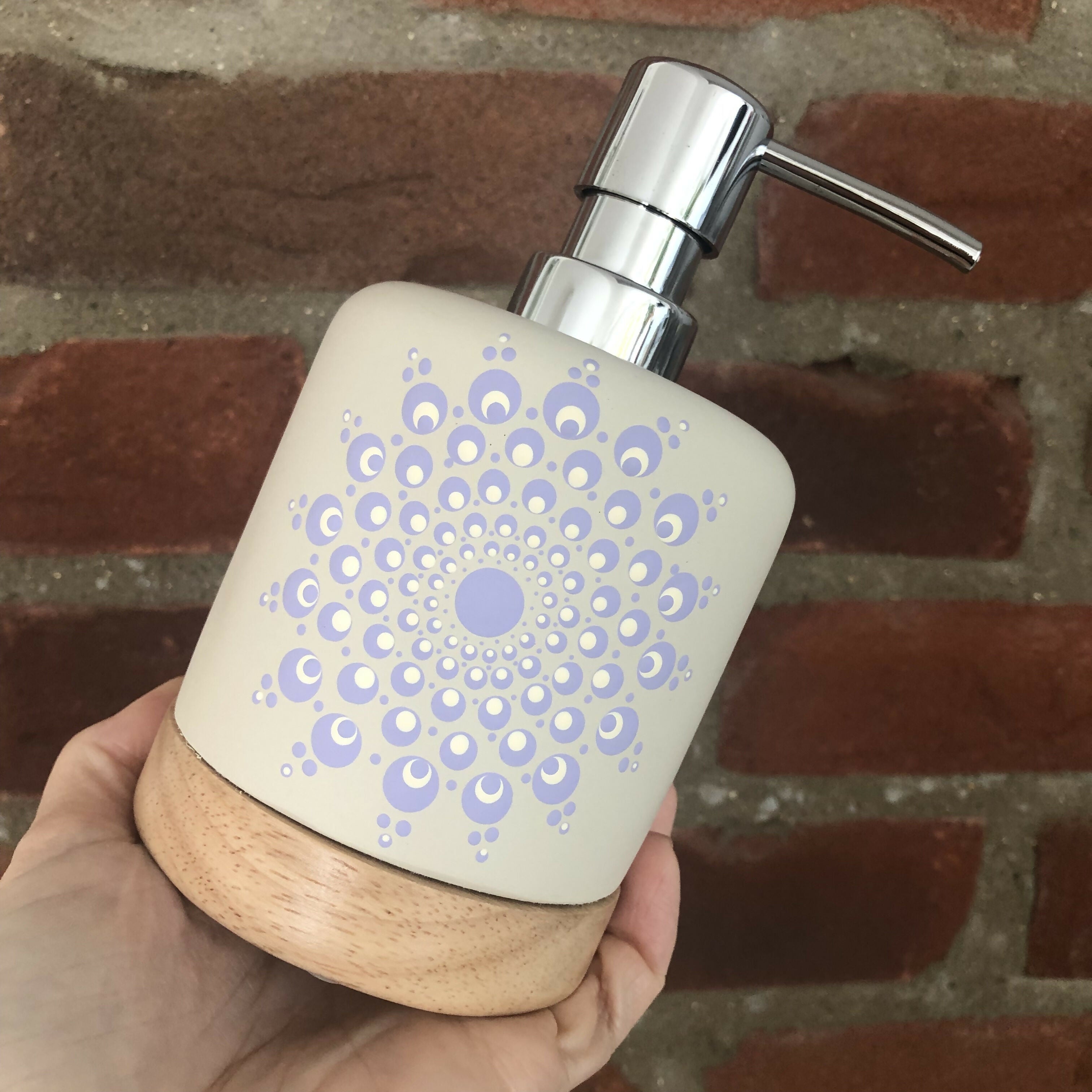 Hand Painted Dot Mandala Scandi Soap Dispenser: Lilac and white