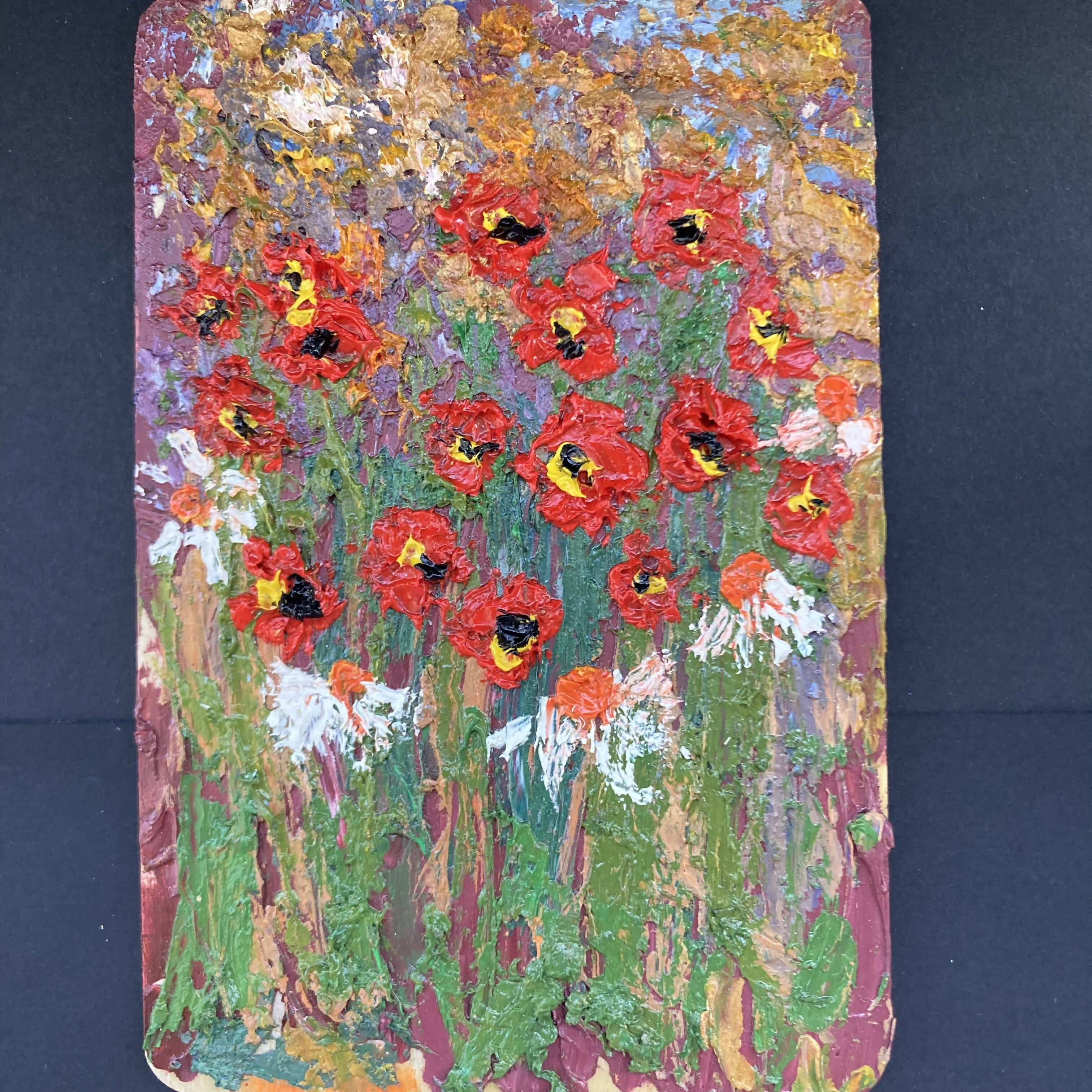 Poppies and daisies original black framed oil painting