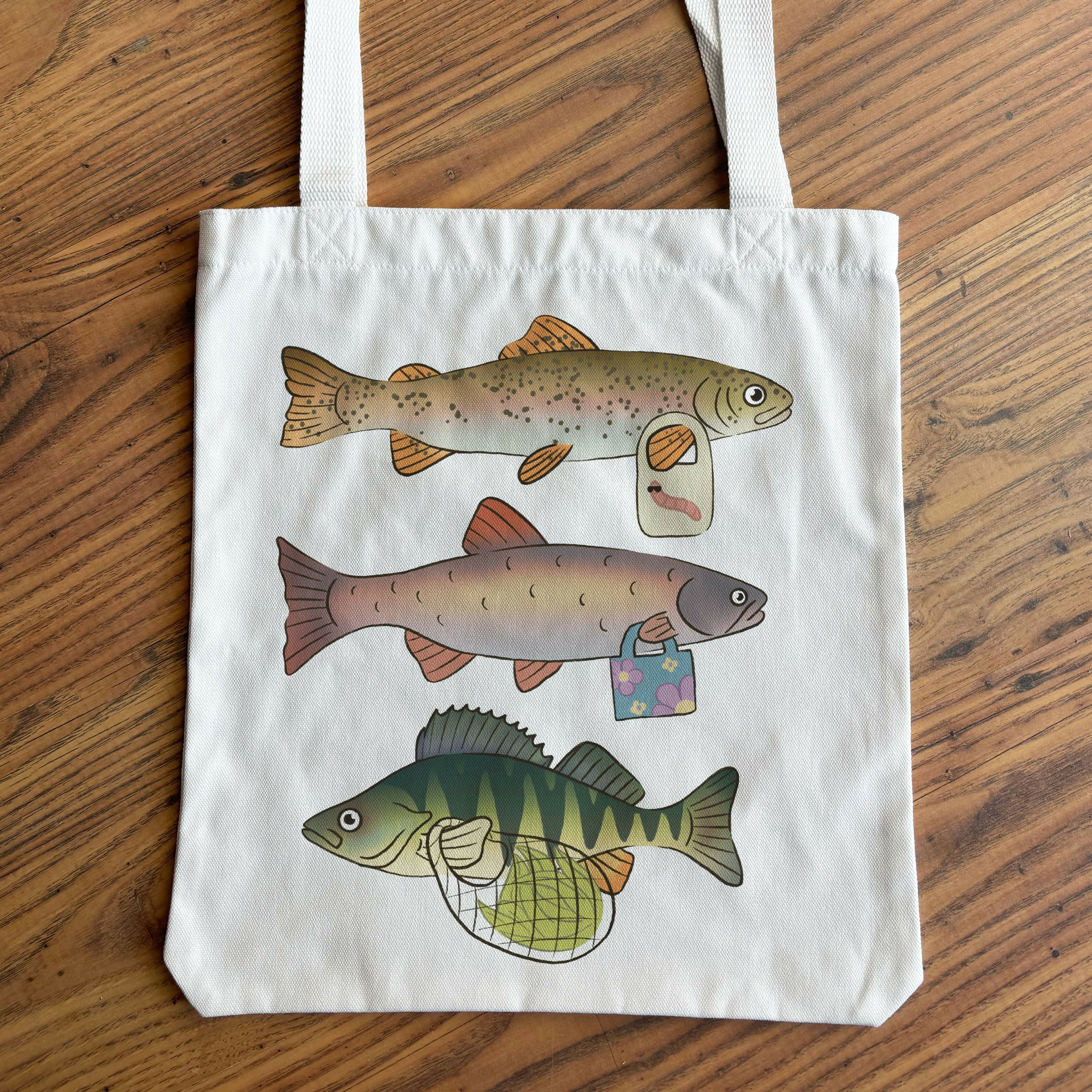 Fish say no to plastic! Handprinted, Illustrated Natural tote bag