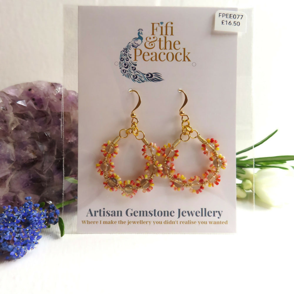 Large Dainty Bouquet Earrings - 7 Stone - 4mm Dyed Yellow Agate & Funky Apple seed beads, Gold Plated Ear Wires