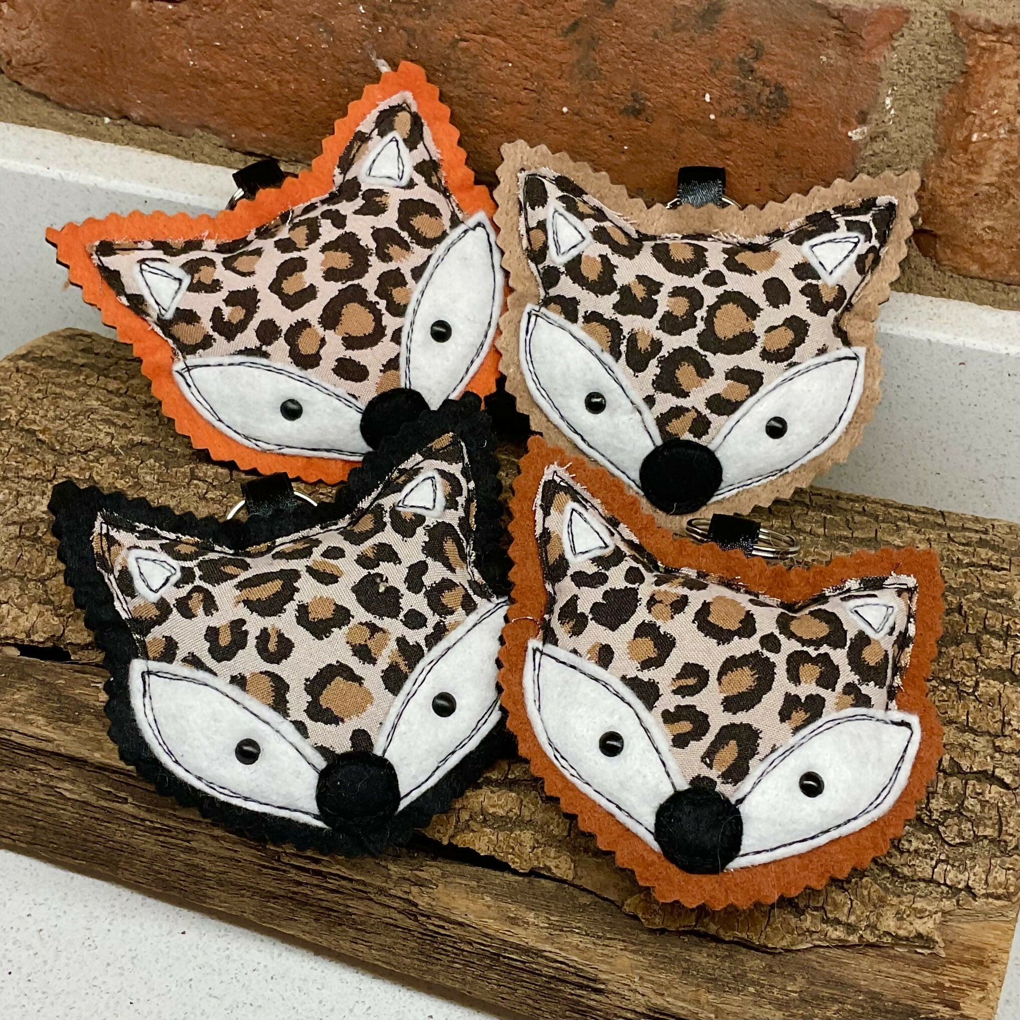 Leopard Print Fox Face Keyring, Handmade Fabric Key Ring Or Bag Charm