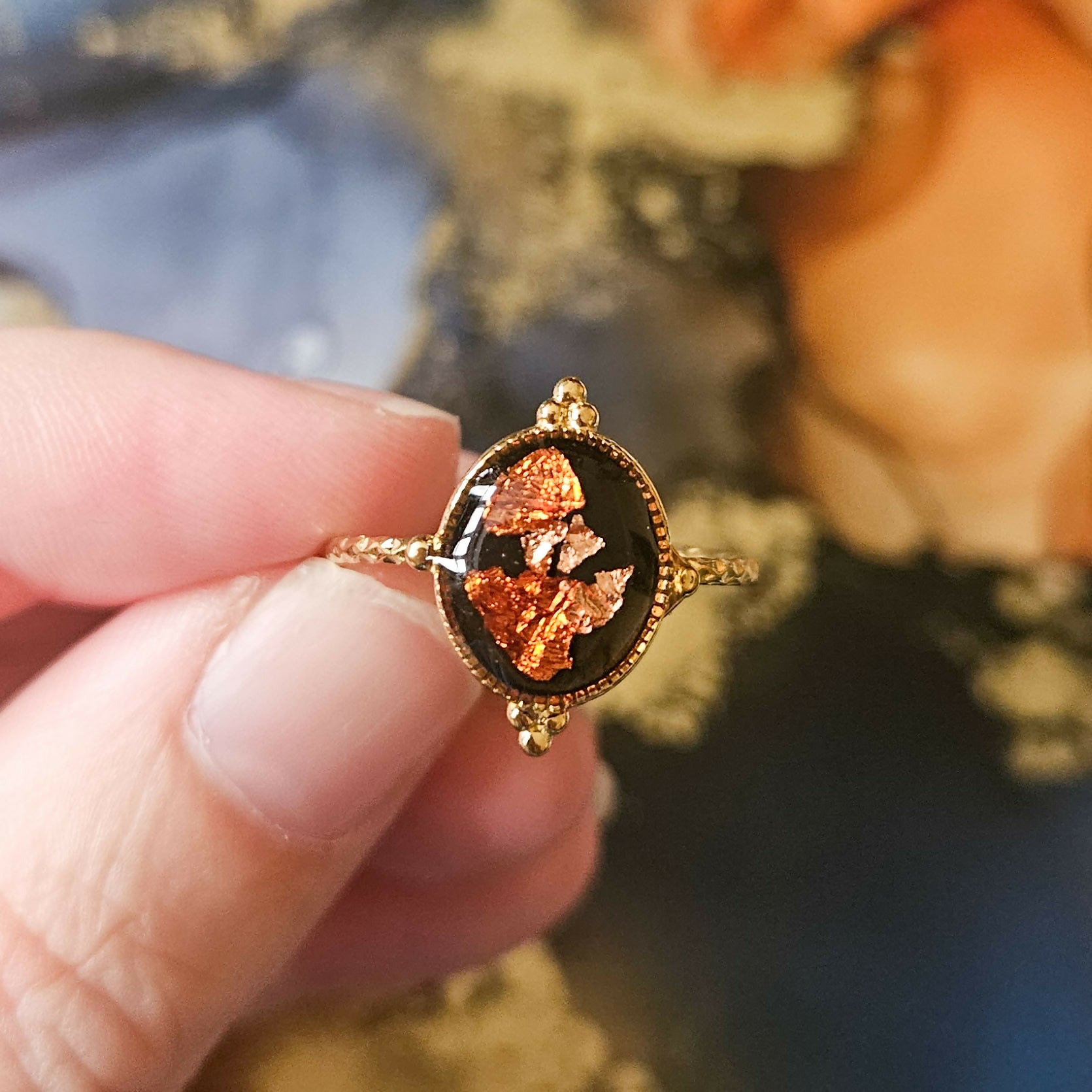 Handmade Orange Gold Leaf And Black Resin And Stainless Steel Adjustable Ring