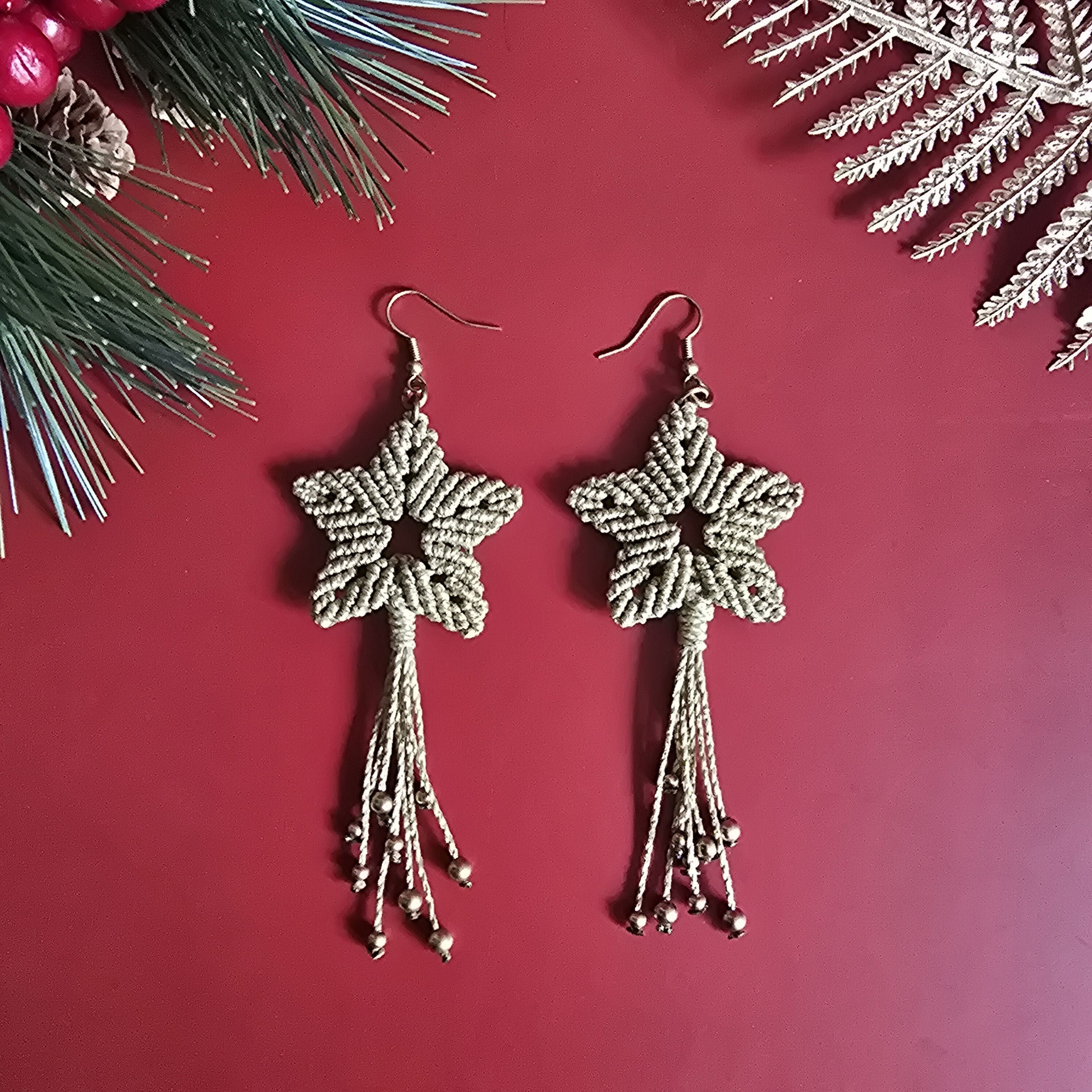 Christmas Shooting Star Earrings; Macrame Gold Sparkly Knotted Cord Festive Handmade Earrings