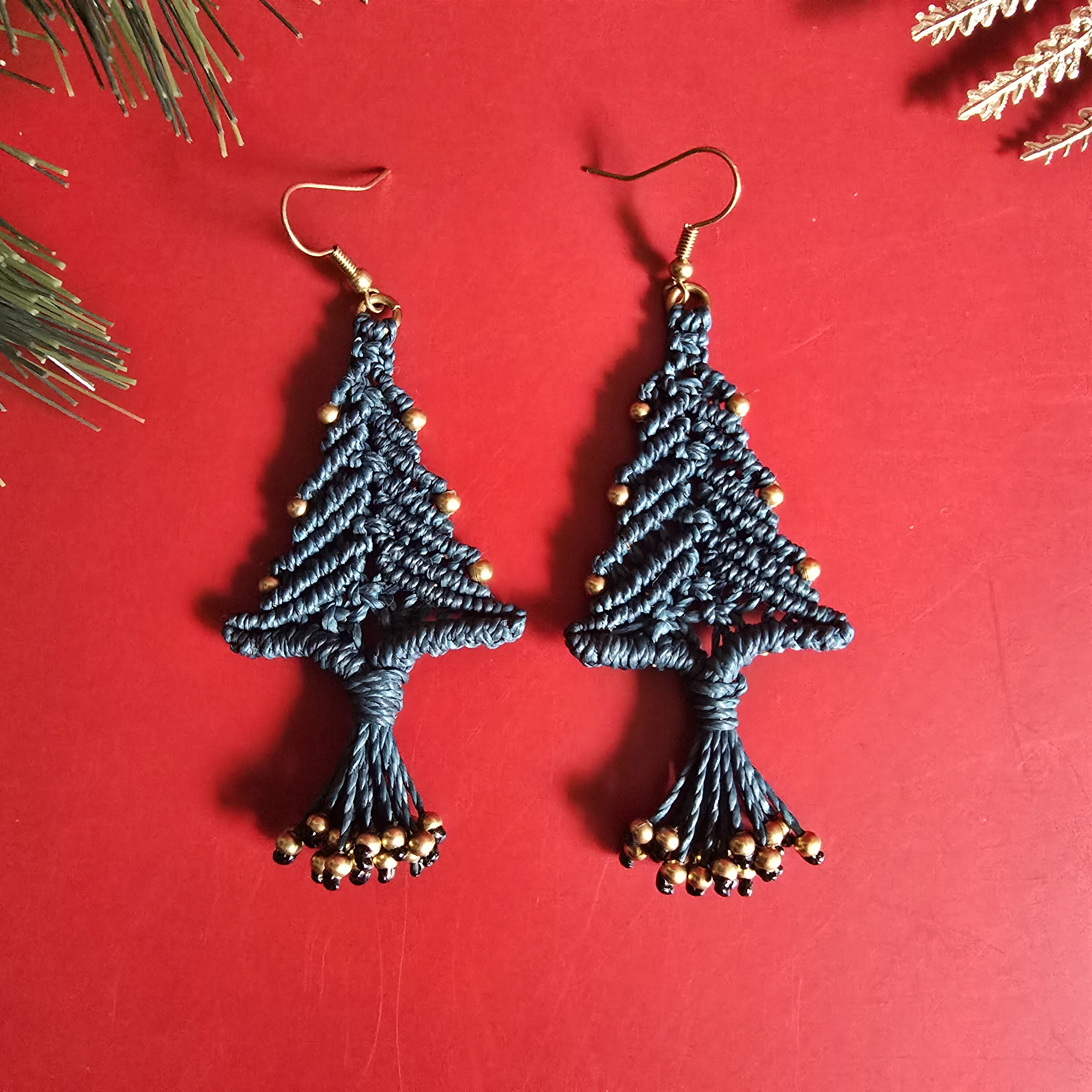 Christmas Tree Macrame Earrings; Forest Green Knotted Cord Lightweight Boho Festive Earrings