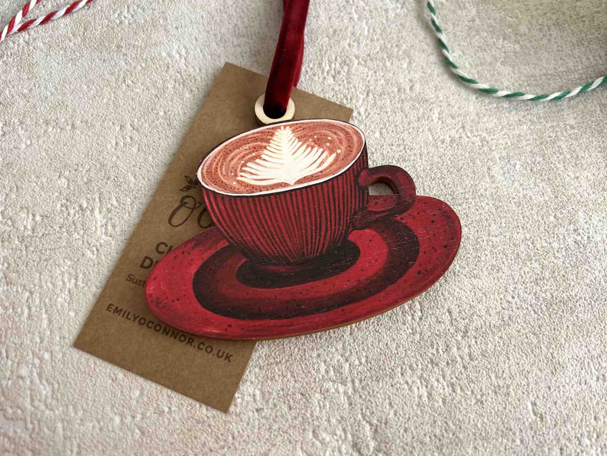 Red Coffee Cup Wooden Christmas Tree Decoration