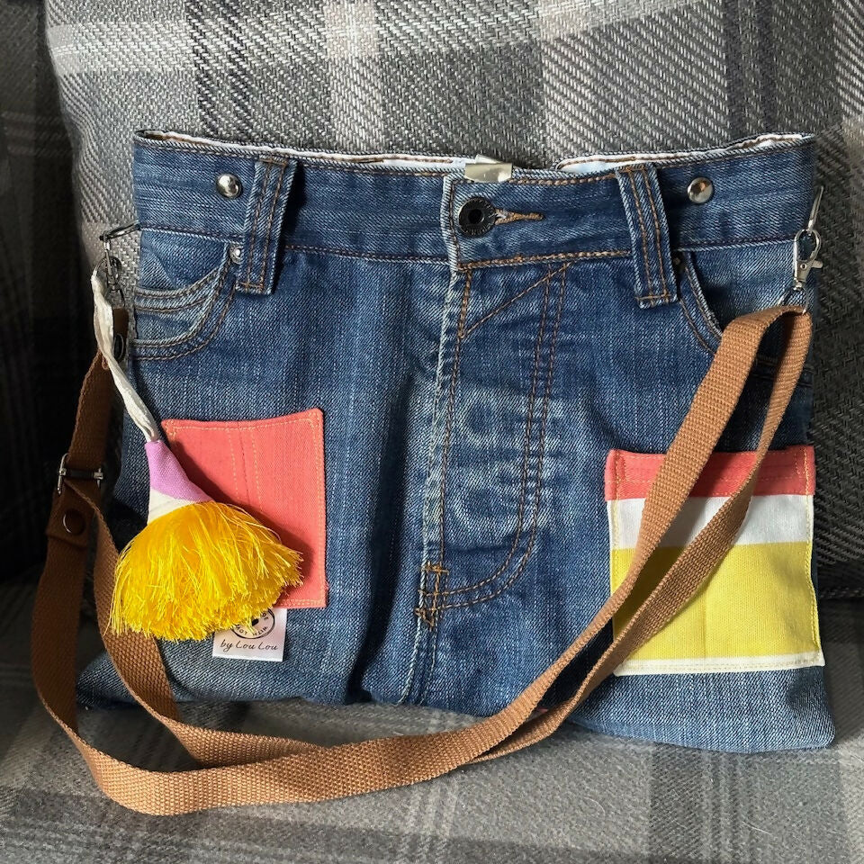 Unique Bag Handbag Made From Upcycled Jeans And Fabric With Detachable Handle And Gonk Decoration