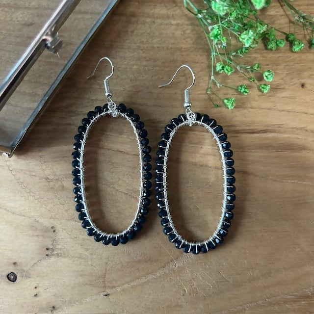 Large Silver Plated Blue Agate Beaded Oval Earrings