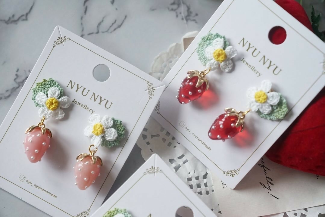 Handmade Micro Crochet Flower with Strawberry Charm Earrings