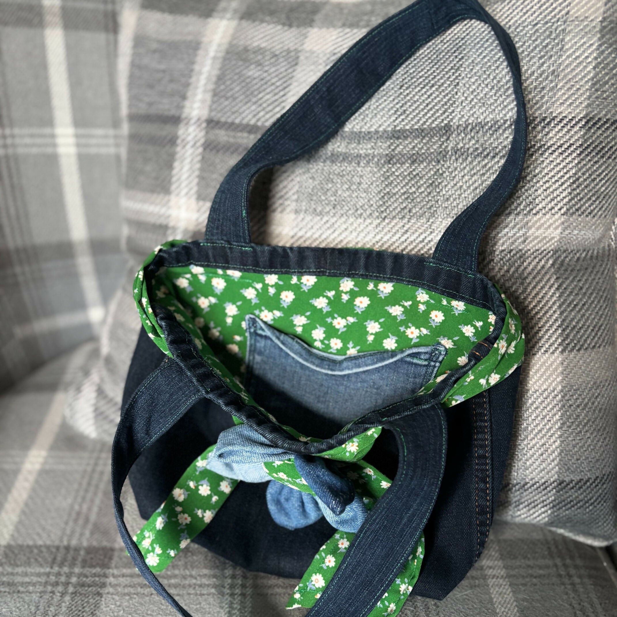 Unique Handcrafted Cute Denim Tote Bag Handbag Made From Upcycled Jeans With Flower Decoration