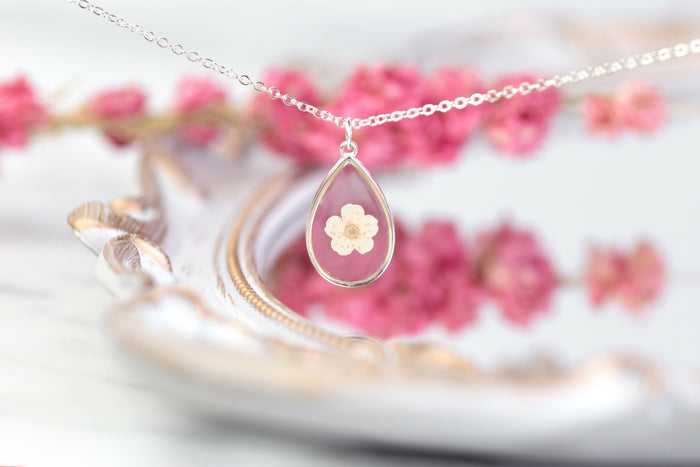 White Baby’s Breath Teardrop Necklace Silver Plated