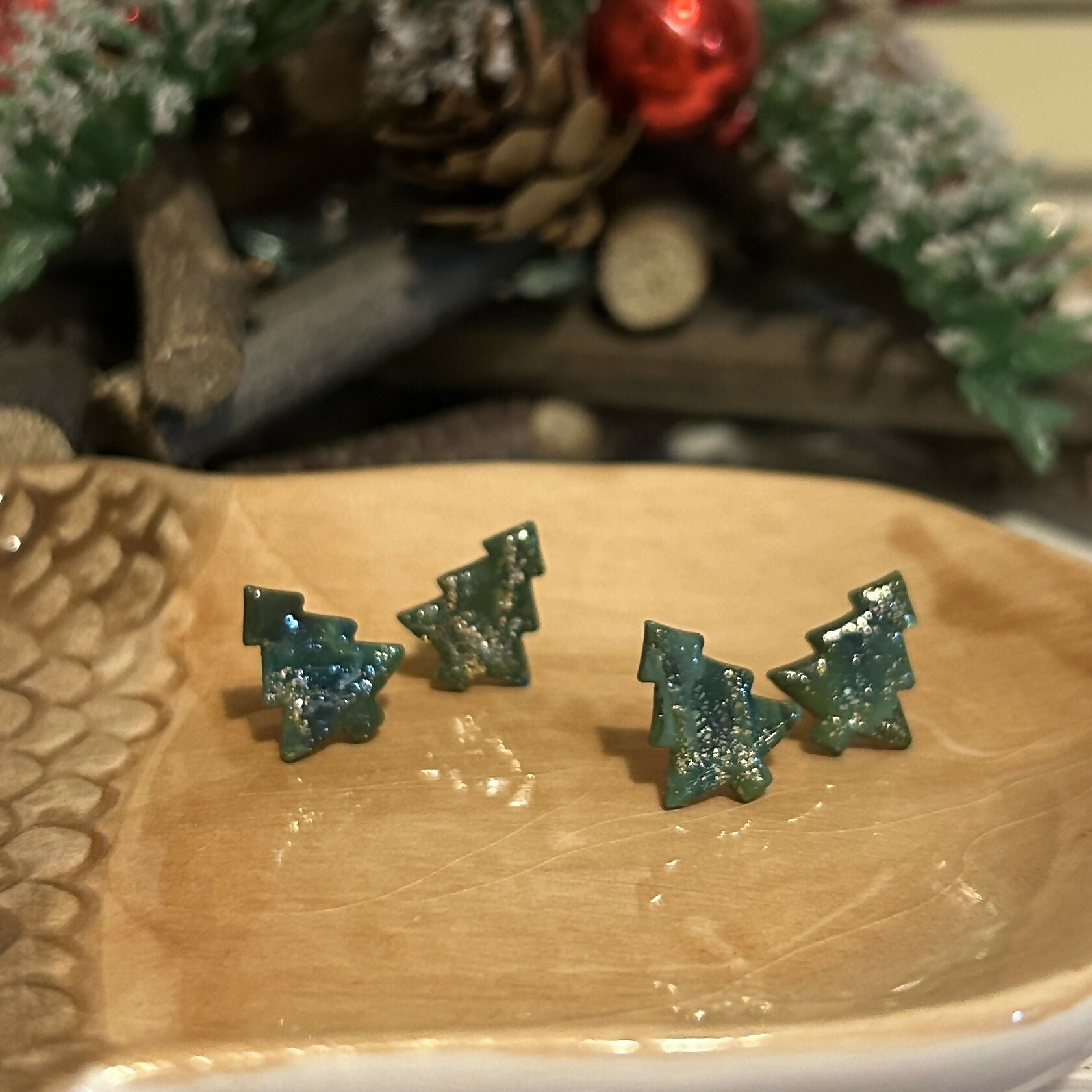 Small Green Christmas Tree Studs