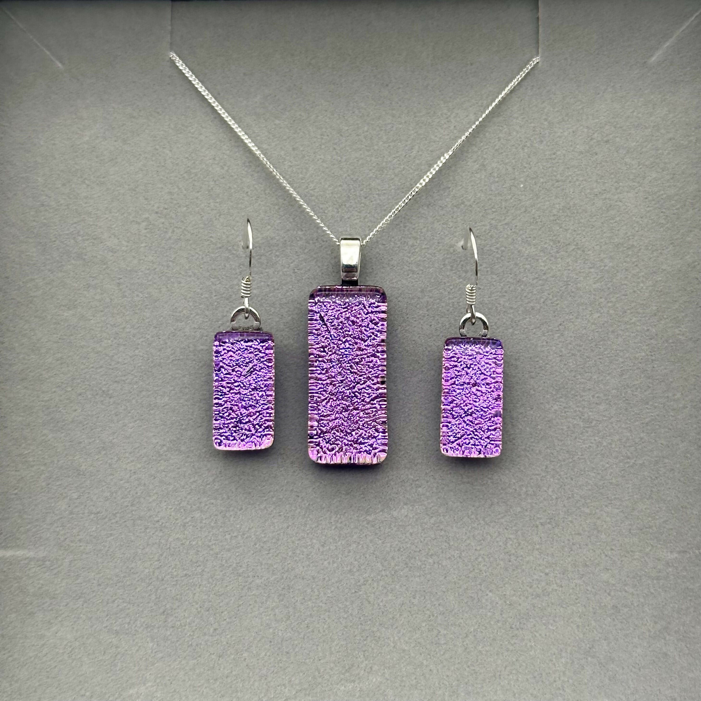 Pink Crackle Dichroic Glass Necklace and Earrings Set - Sterling Silver, Handmade by Jade Tapson Glass