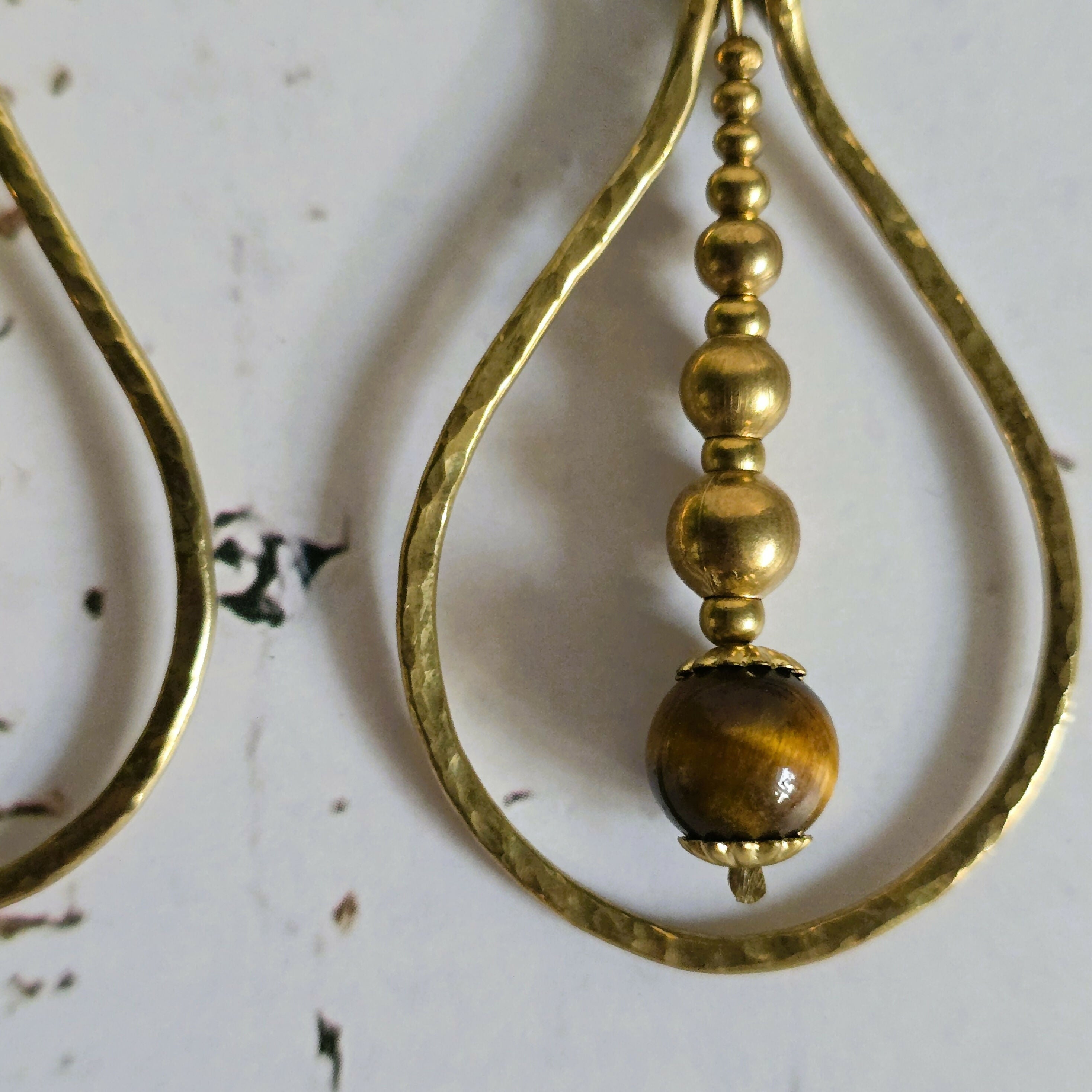 Tiger's Eye Raindrop Earrings; Gold Brass Wire Teardrop Crystal Boho Earrings