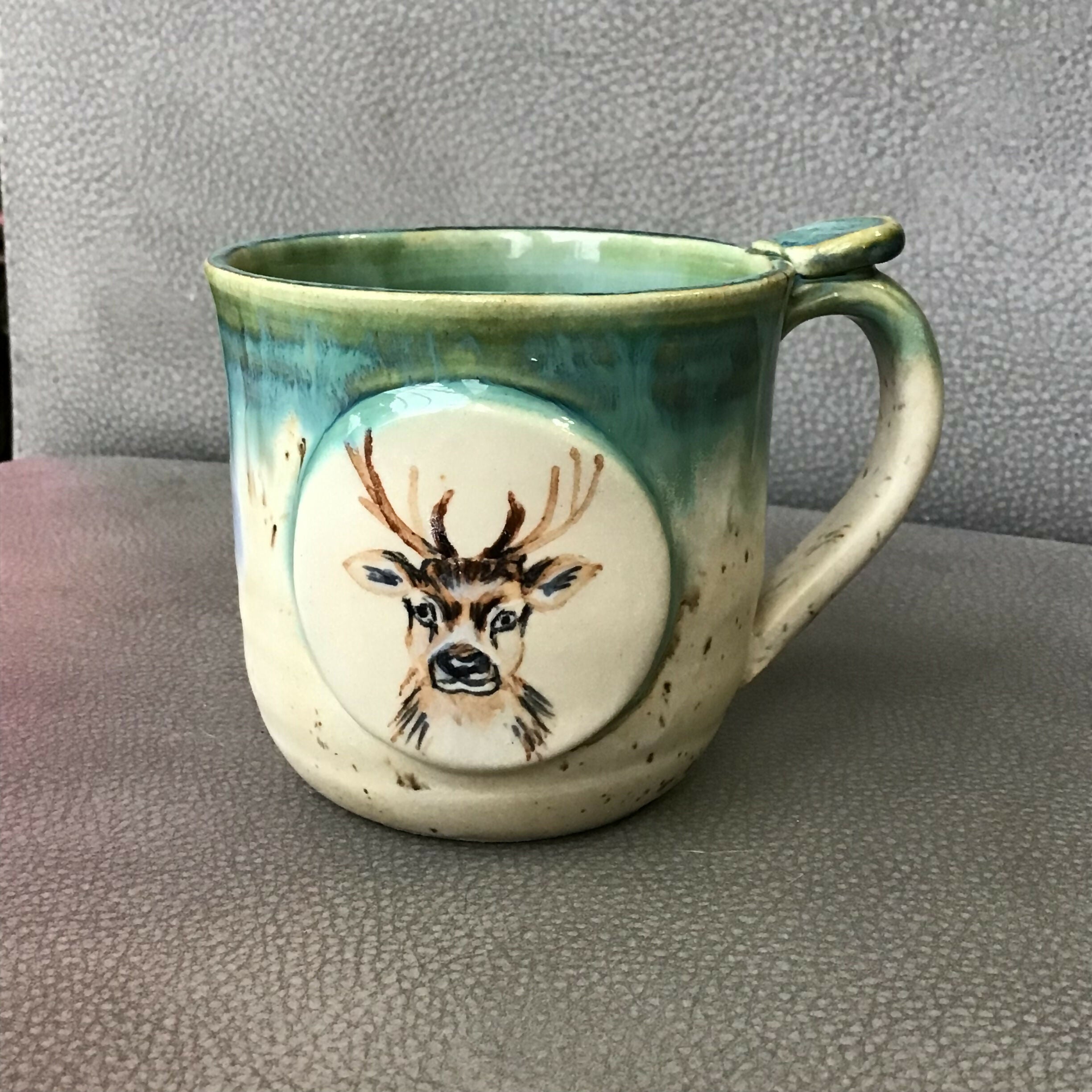 Handpainted Animal Mug Green/ cream /brown