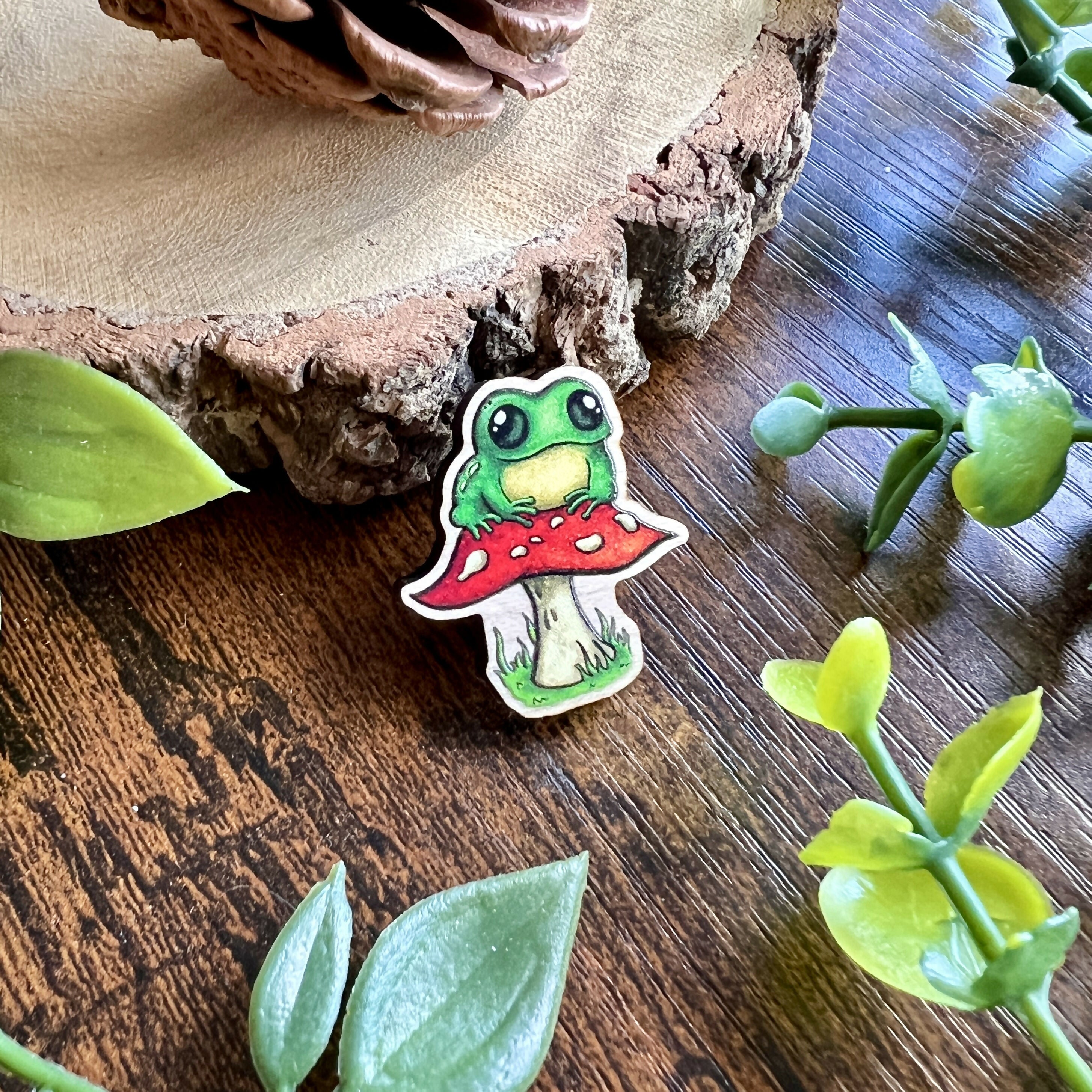 Frog Fungi Wooden Pin | Cute Maple Adornment | Art & Soul