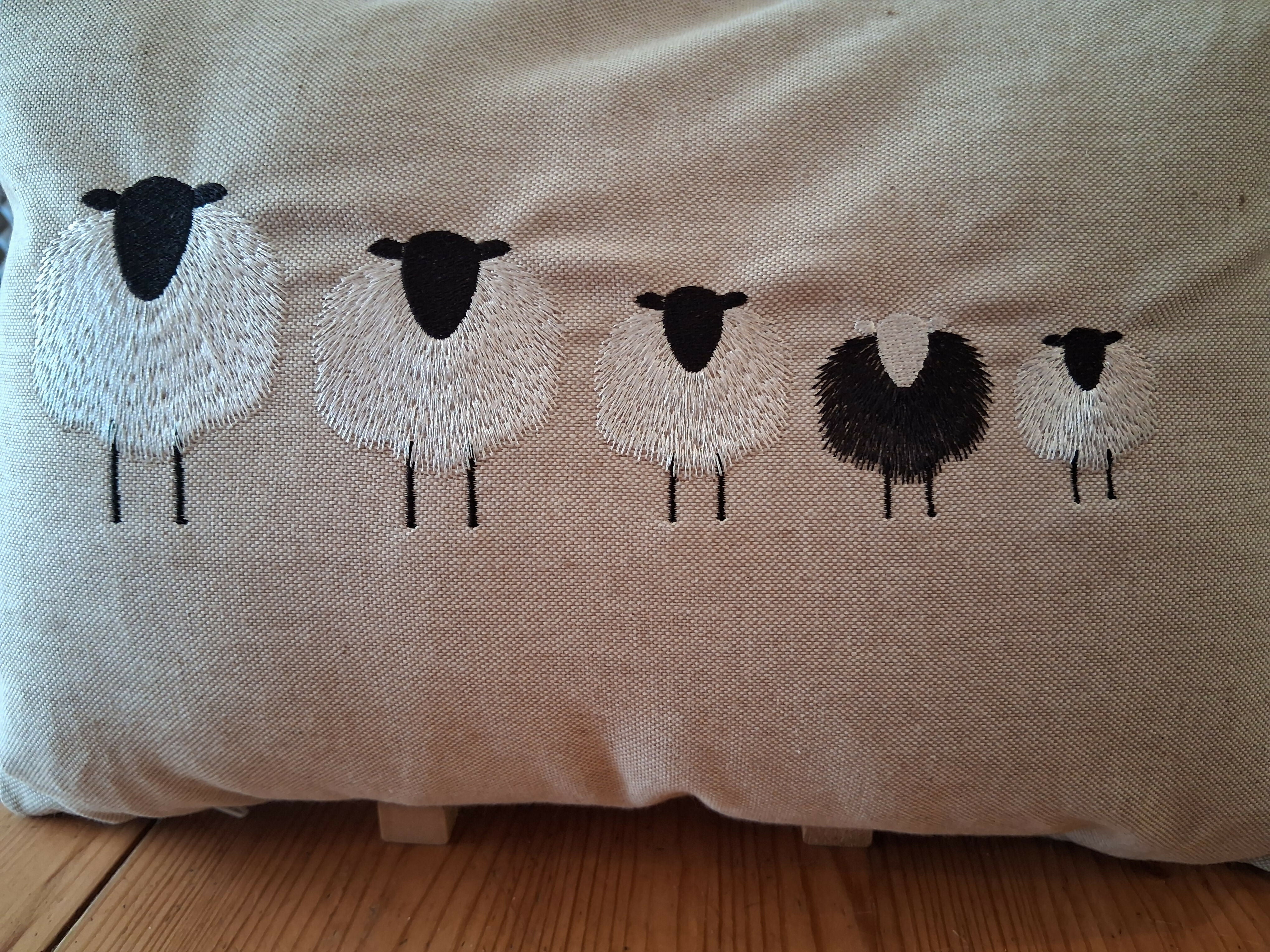 Sheep Family Natural Linen Look Bolster Cushion - Handmade and Embroidered