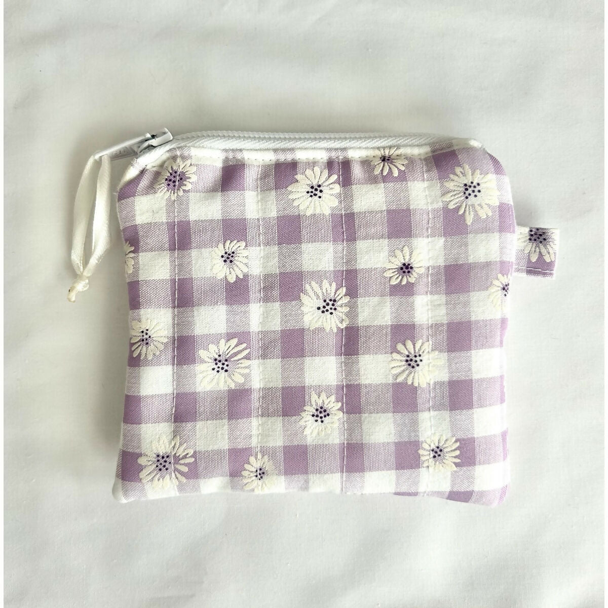 Purple Gingham Daisy Floral Quilted Coin Purse / Card Holder