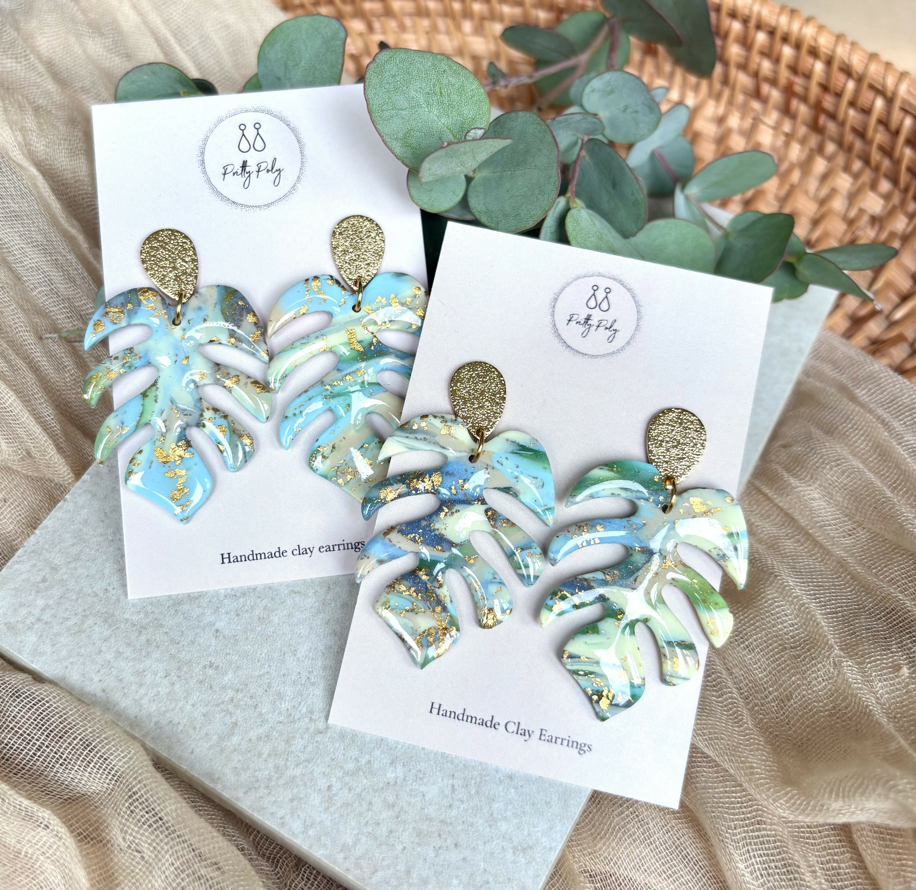 Aqua Collection - Monstera Leaf Polymer Clay Earrings
