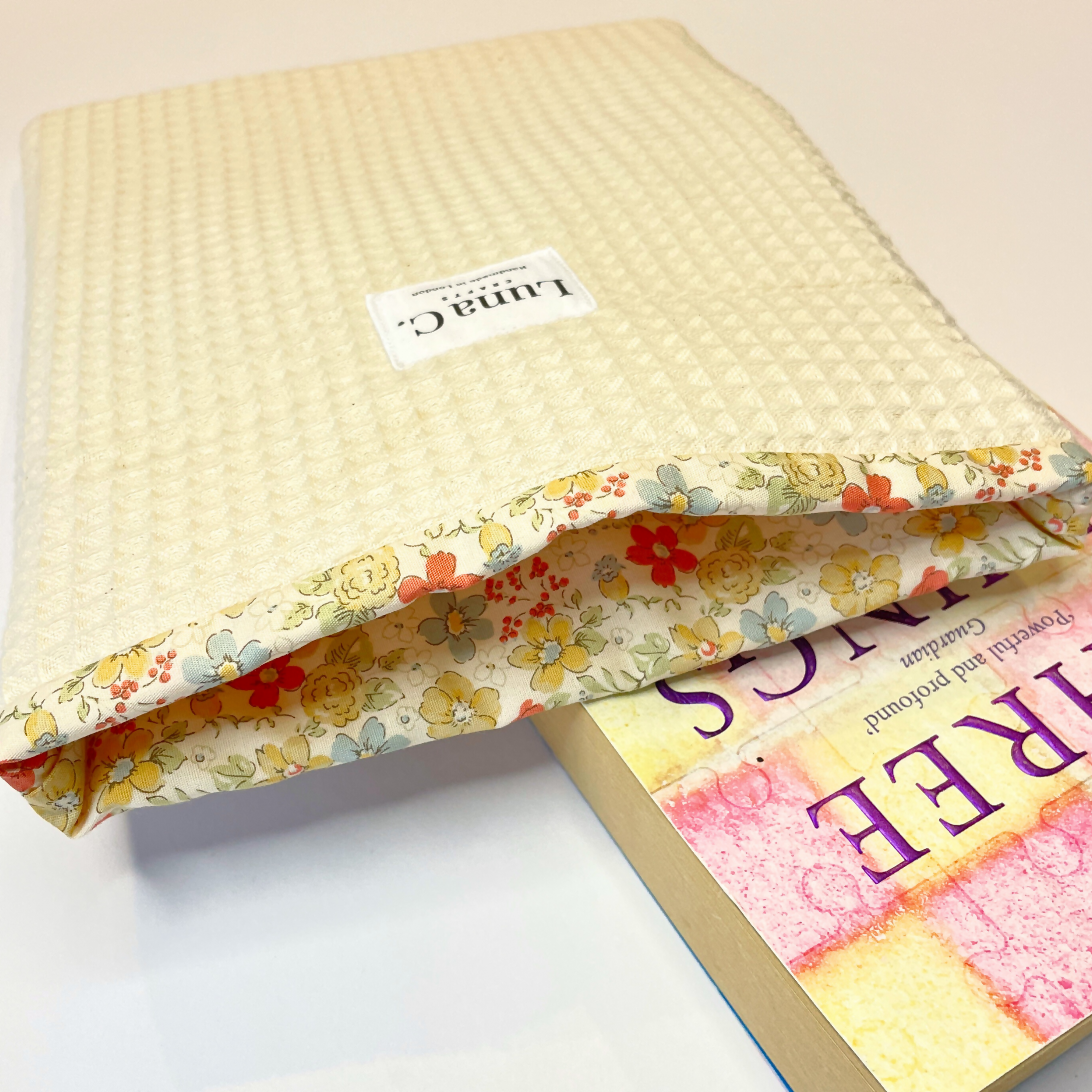 Creamy Yellow Waffle Fabric Multicolour Floral Lining Book Sleeve