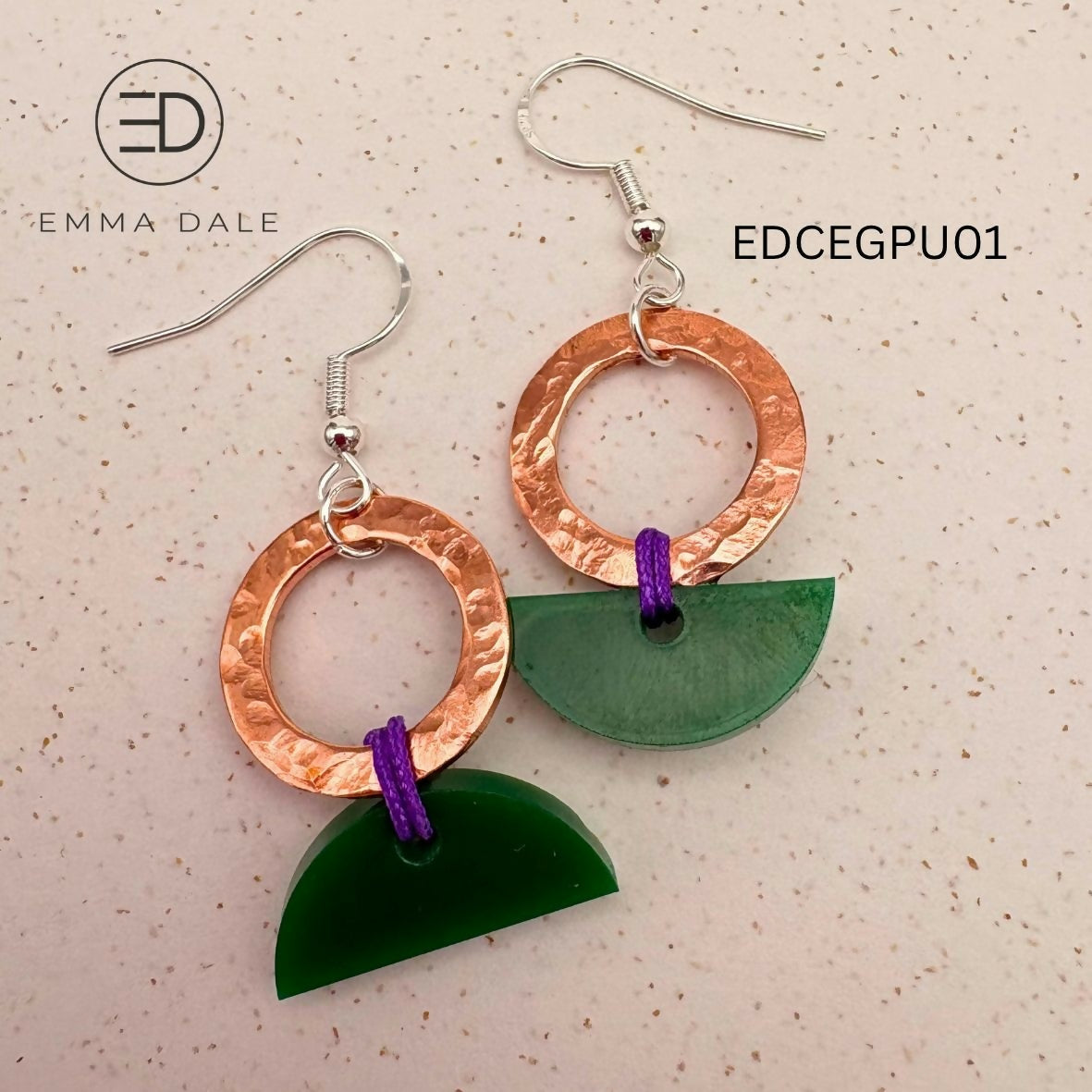 Green Acrylic & Hand-Hammered Copper Semi-Circle Earrings
