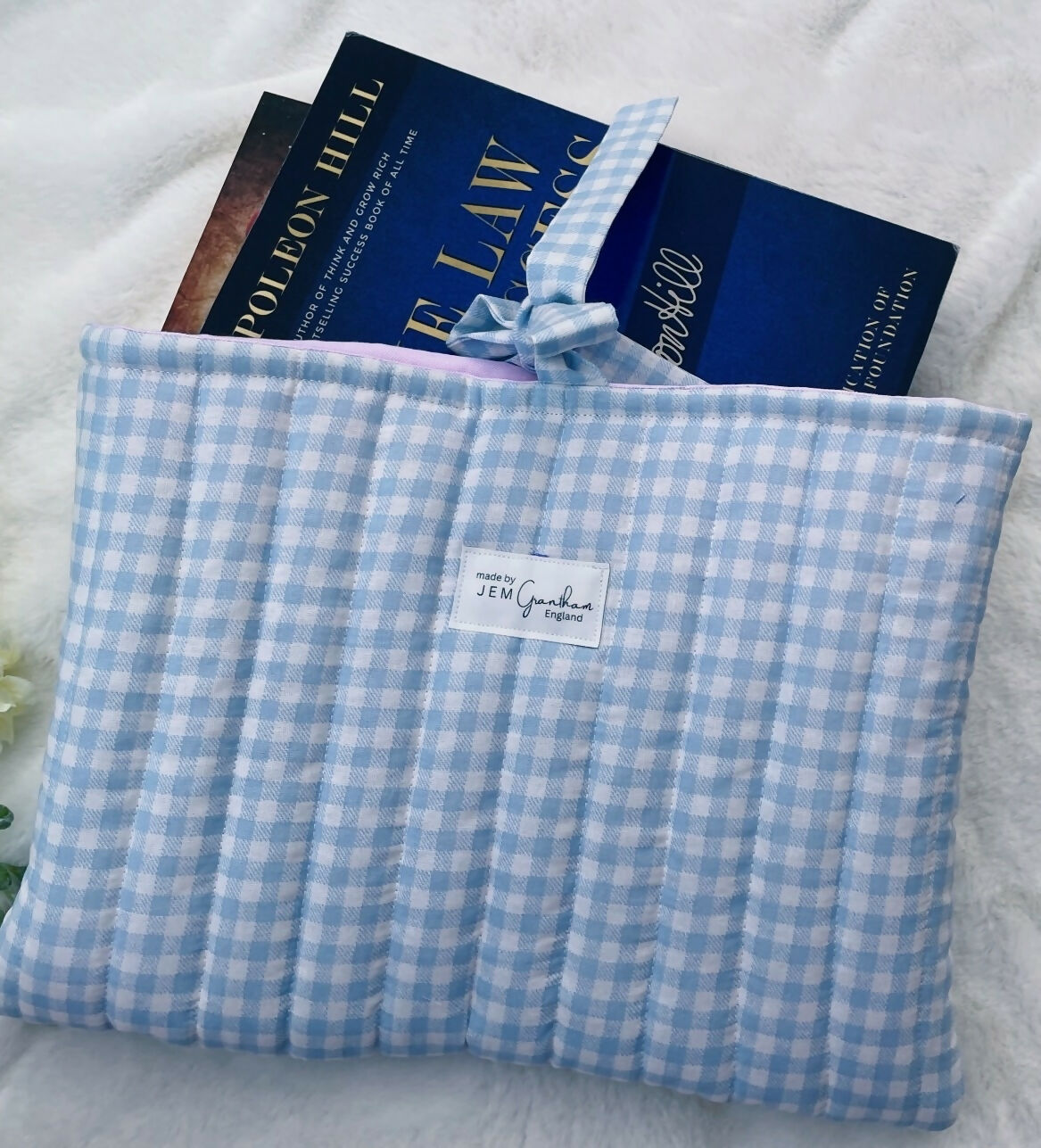 Handmade Quilted Book Sleeve Blue Gingham