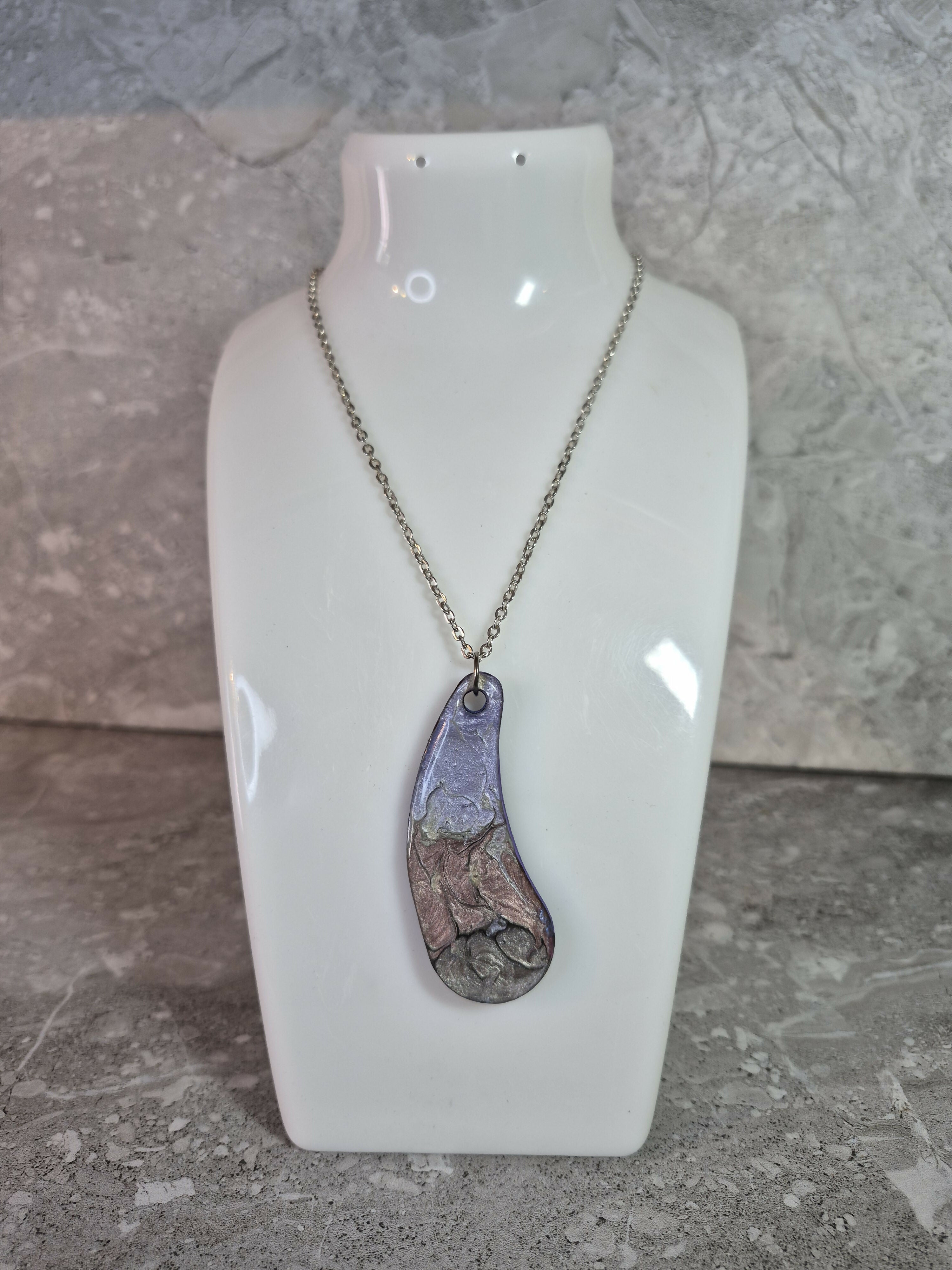 Unique Hand Crafted Tear Dropped With Swirling Purple, Pink, Grey With Slivers of Black