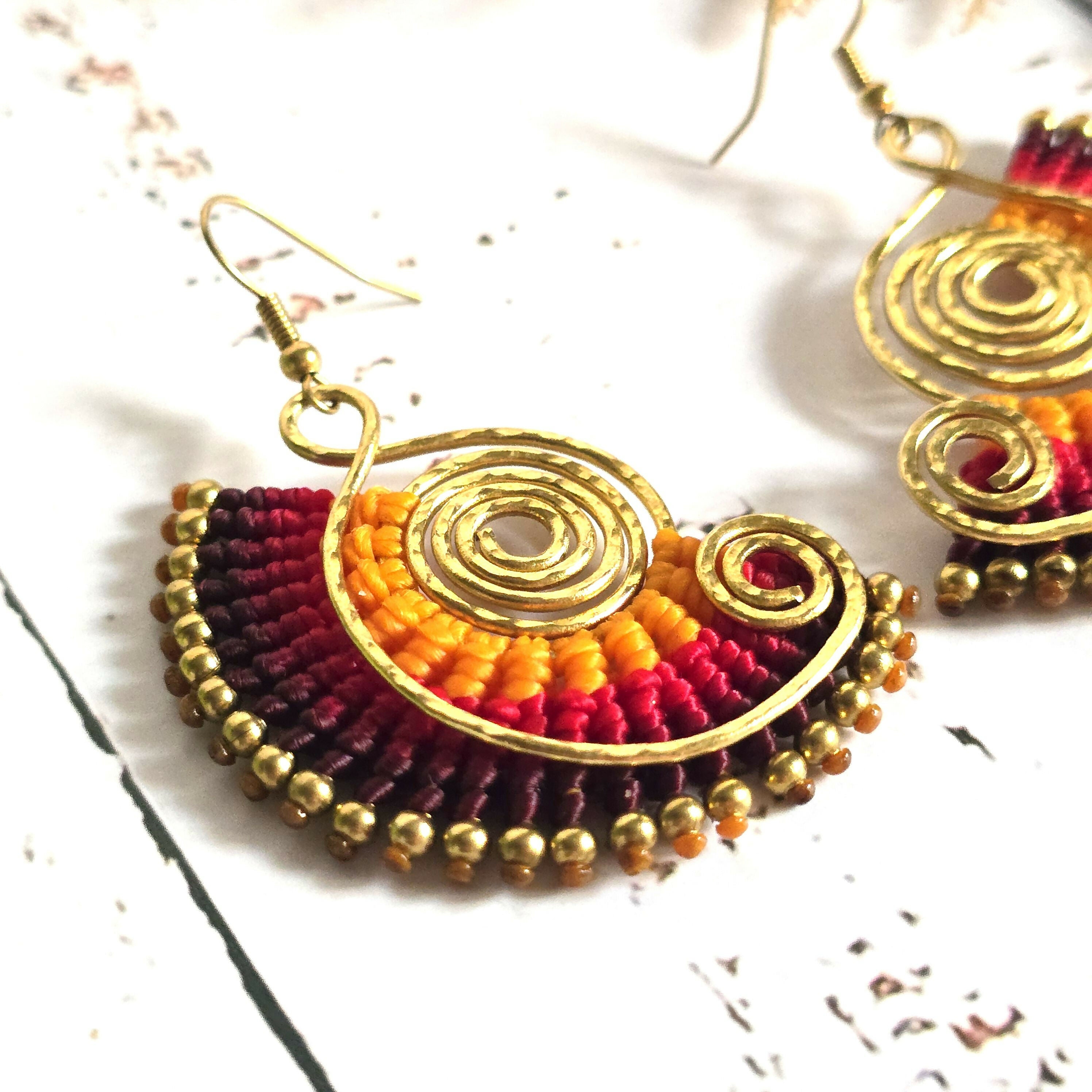Sunset Macrame Earrings; Golden Spiral Knotted Cord Boho Red Orange Yellow Earrings