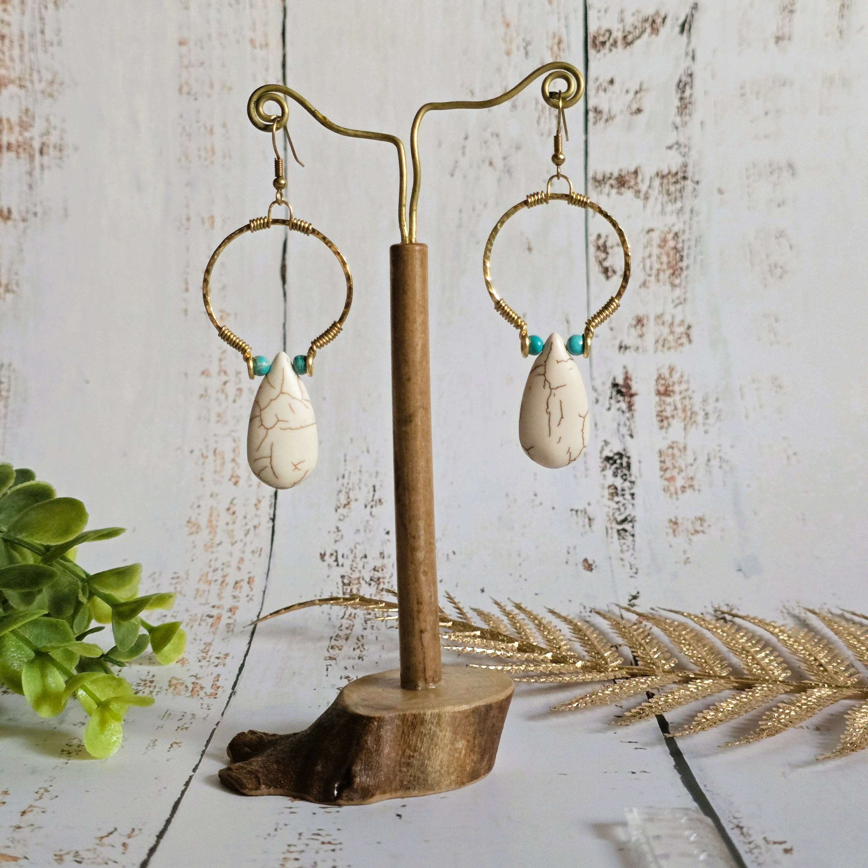 White Howlite Hoop Earrings; Hammered Brass Wire Boho Crystal Turquoise Thai Earrings