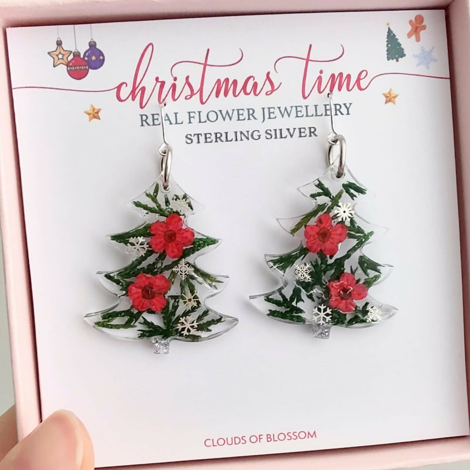 Real Christmas Tree Leaves and Red Flowers Earrings Sterling Silver