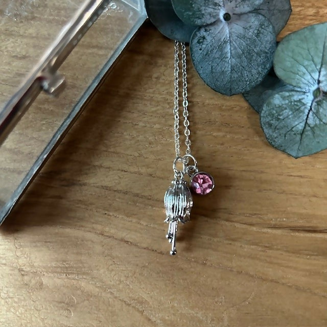 Silver Plated Flower Bud & Pink charm Necklace