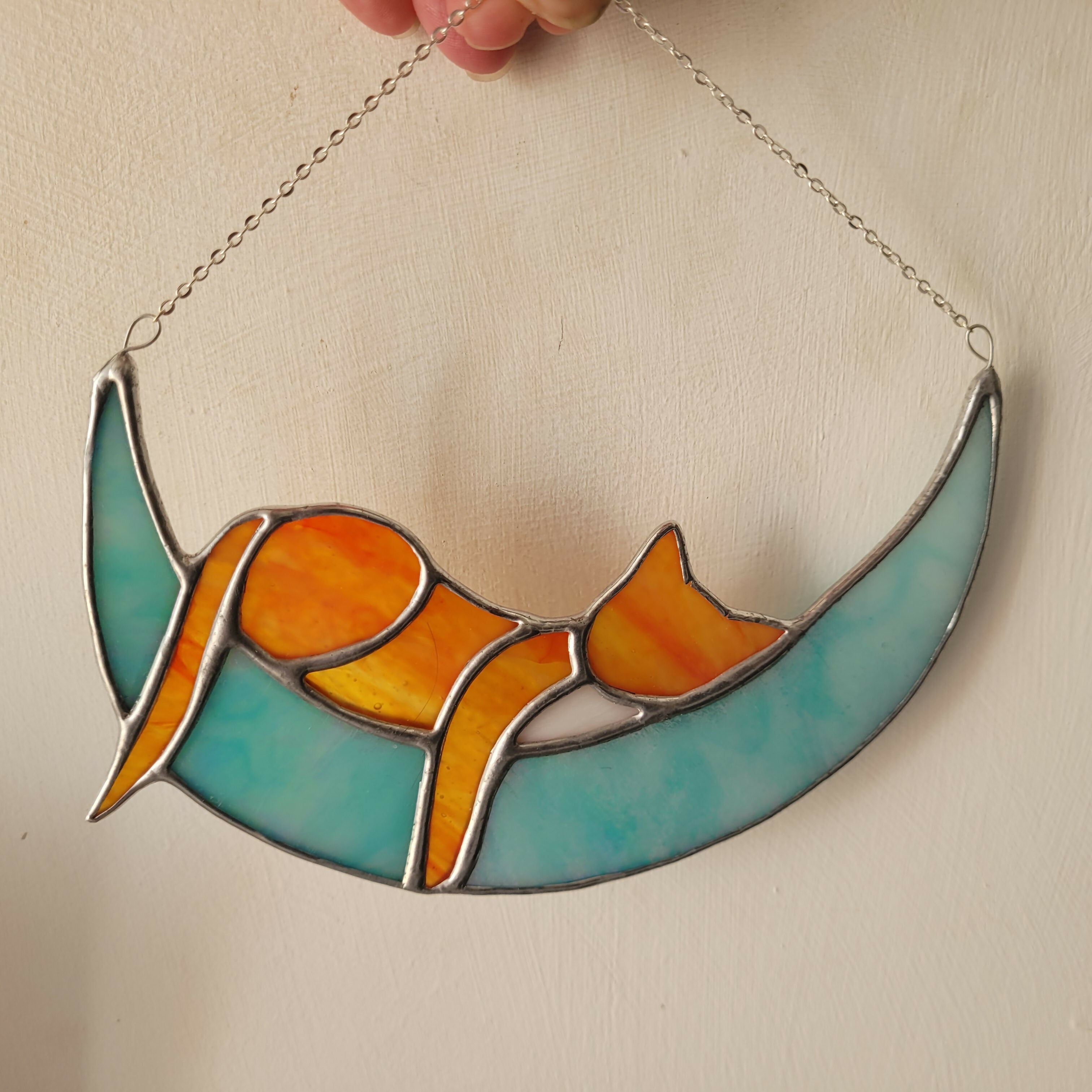 Stained glass Ginger Cat on Moon