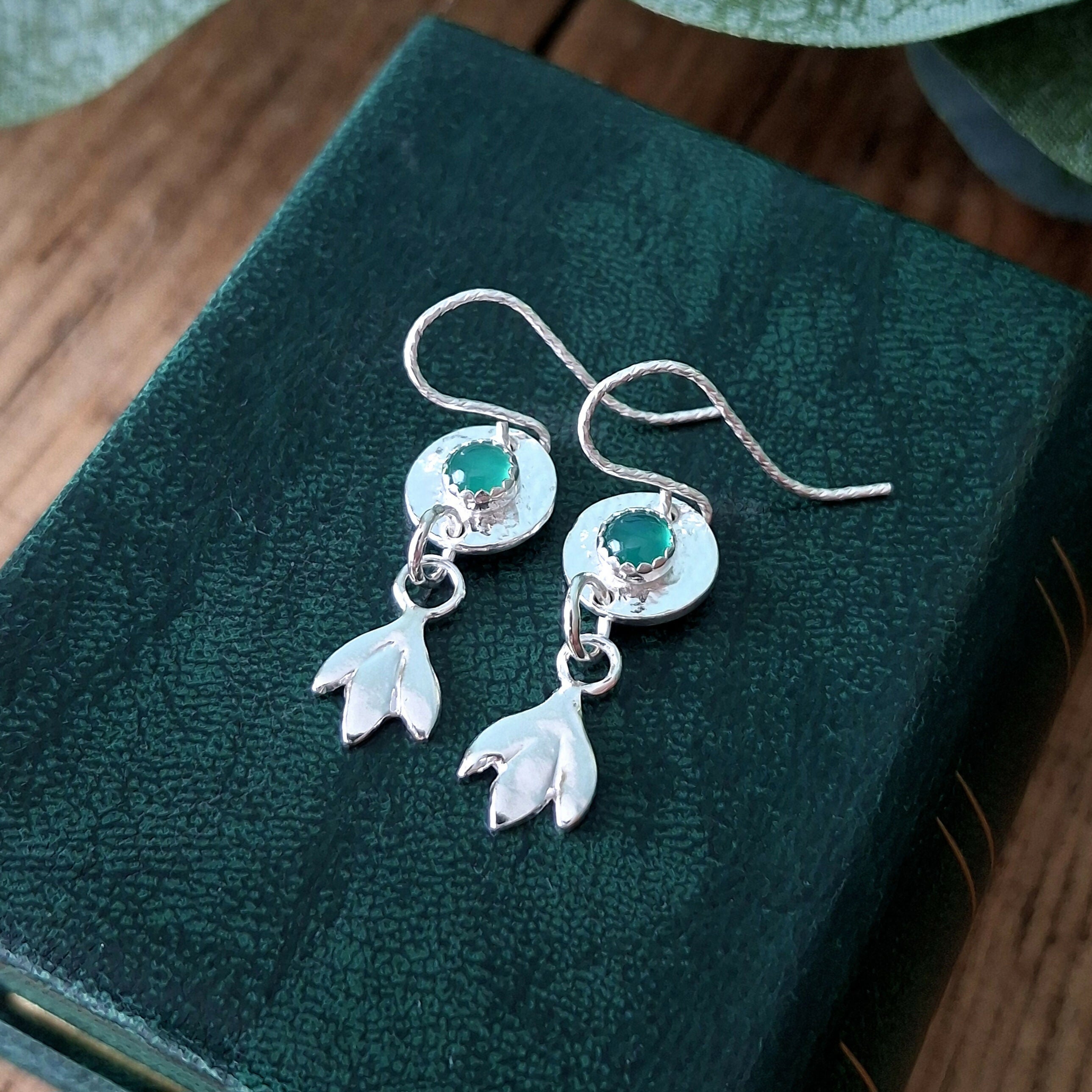 Handmade Silver Snowdrop Earrings With Green Onyx Stones