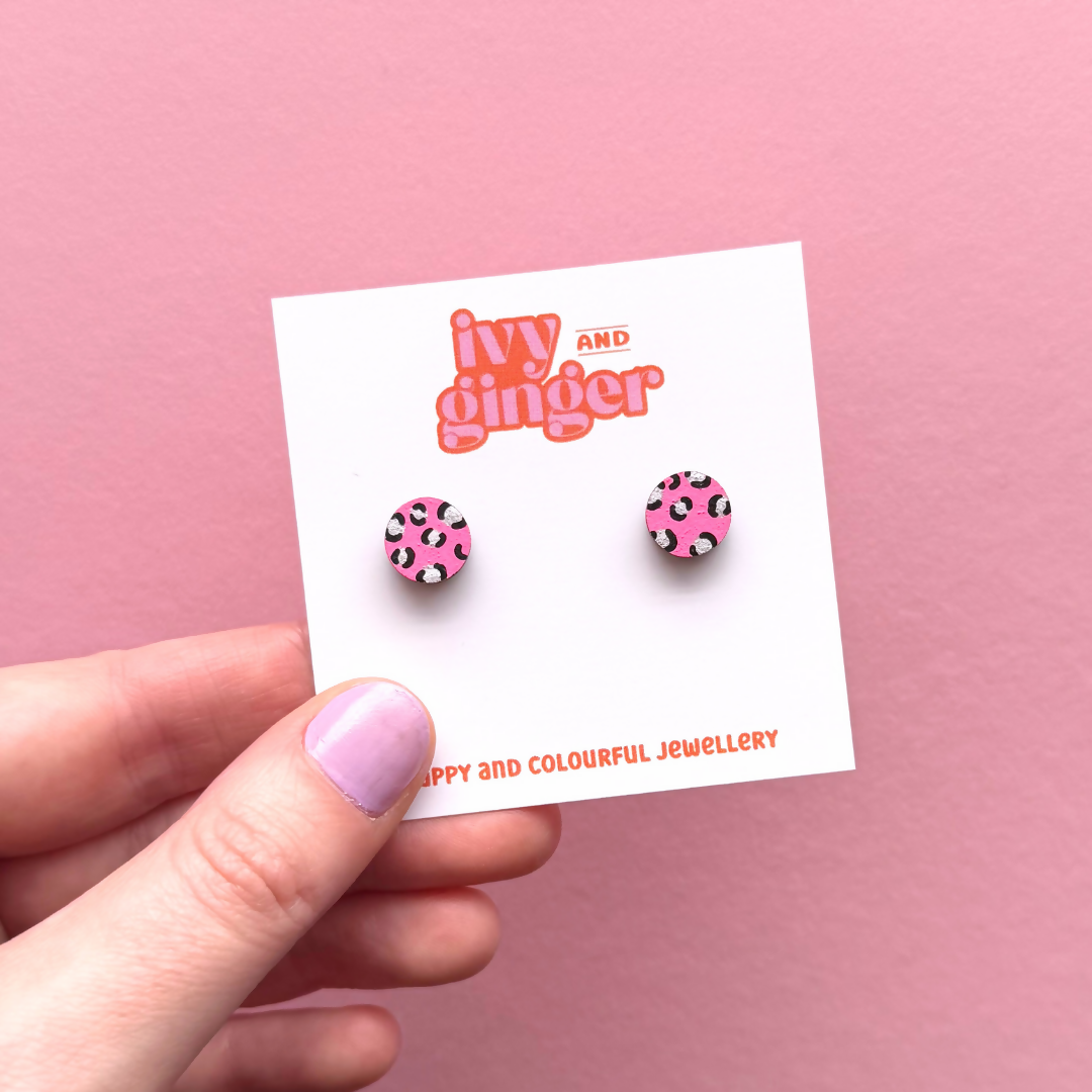 Mini Leopard Print Circle Stud Earrings in Bright Pink and Silver