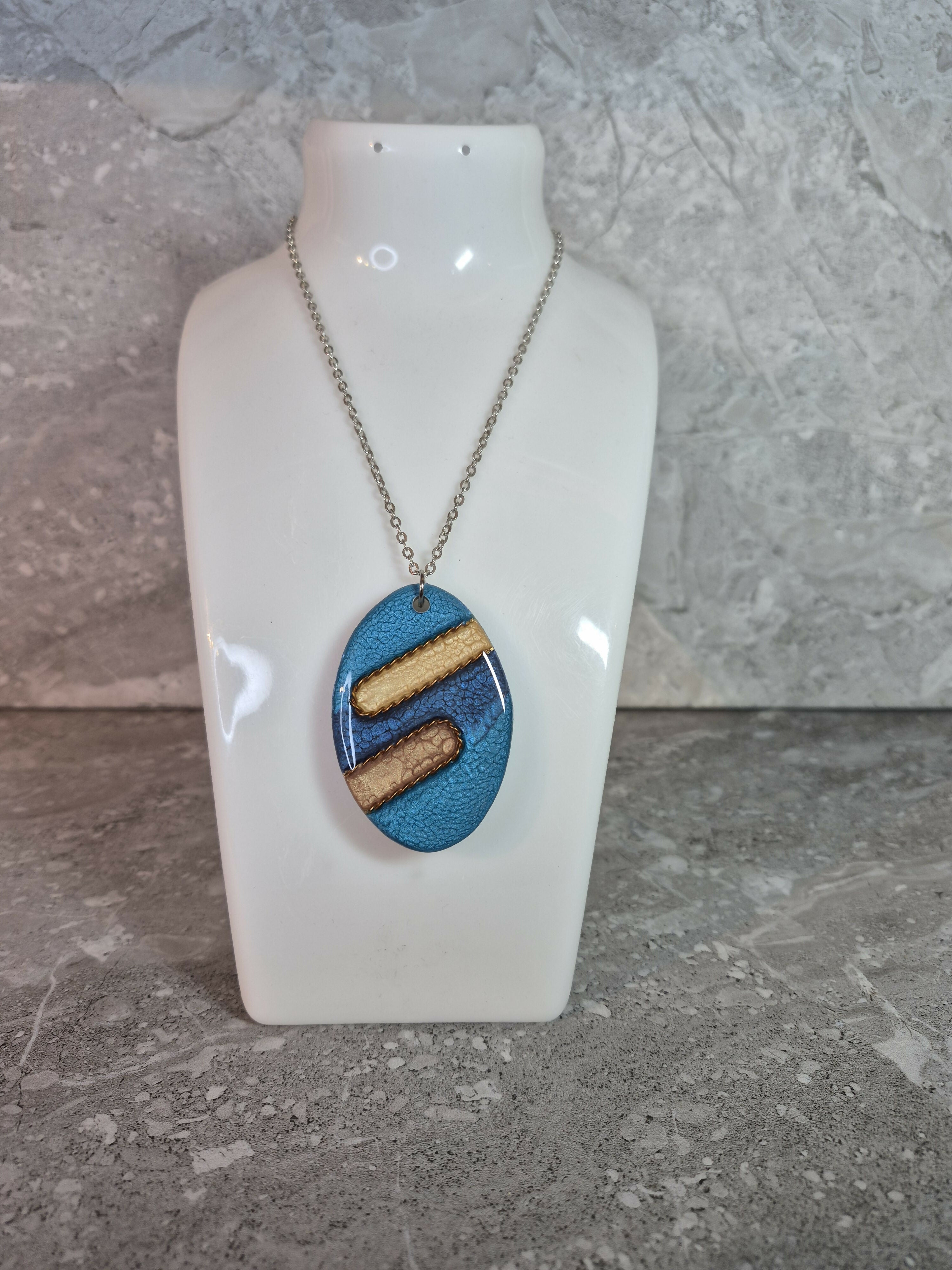 Unique Hand Crafted Double Sided Cyan and Blue Oval Pendant with Crackle Effect - Wood and Resin