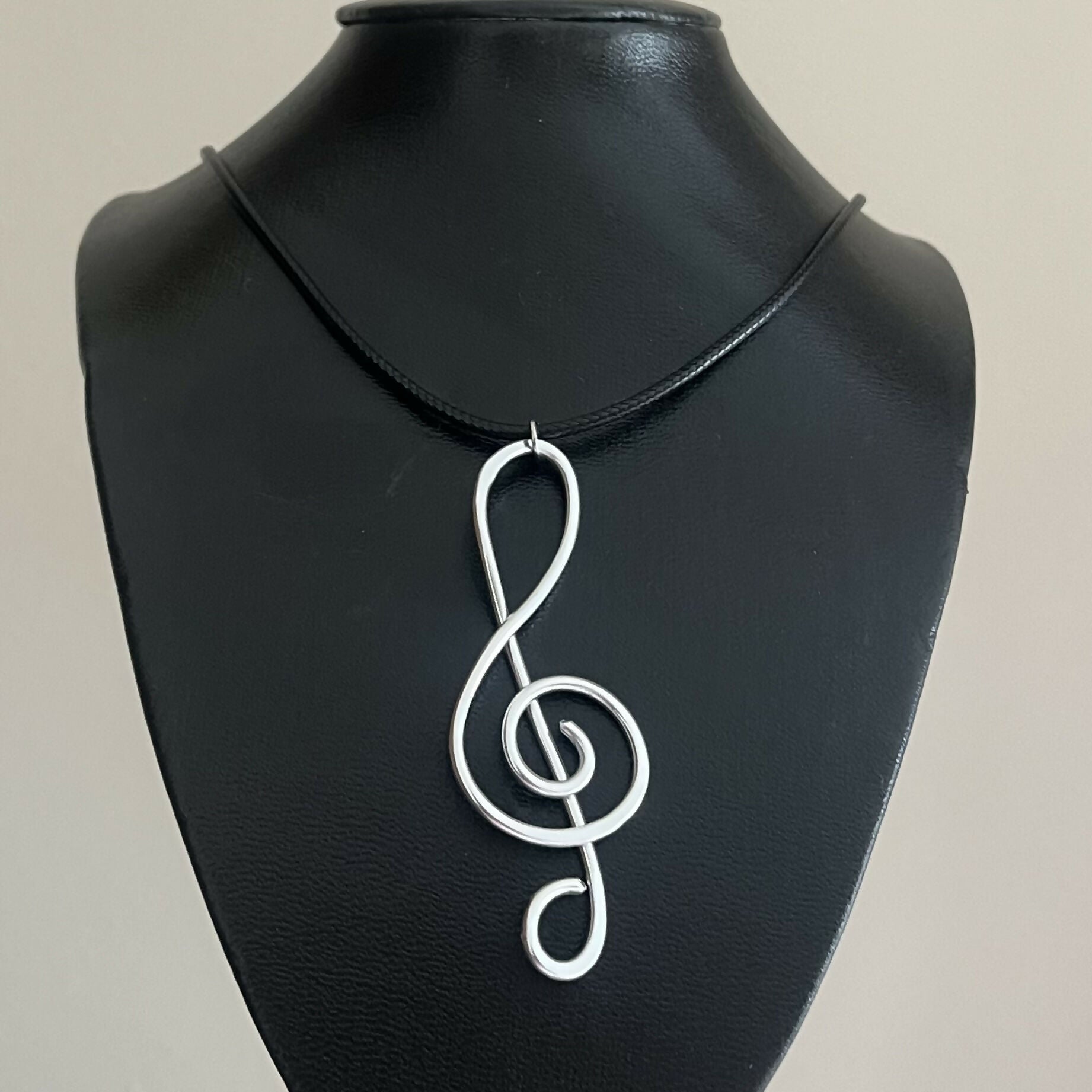 Treble Clef Music Note Aluminium Pendant Black Cord Necklace