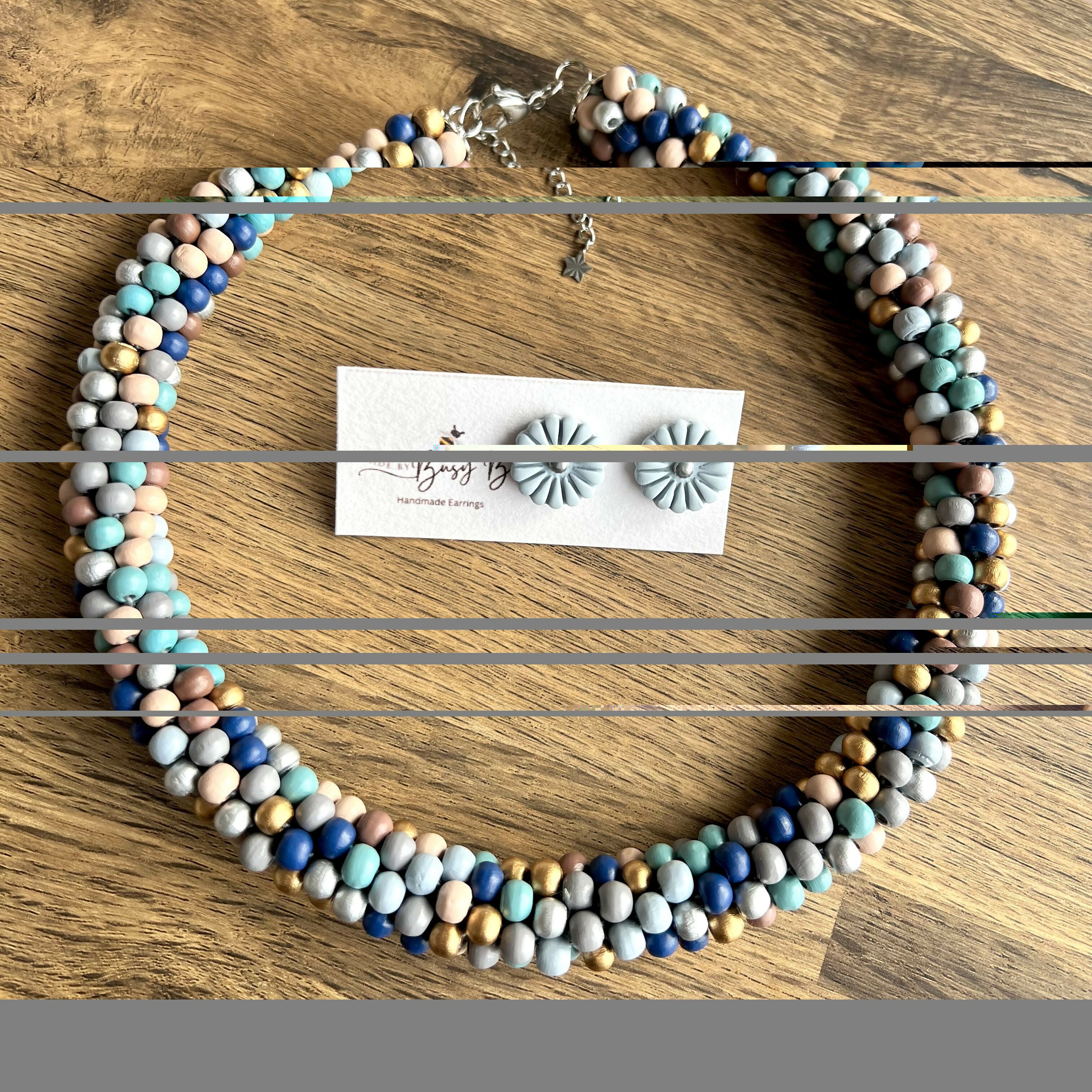 Boho Chic Wood Beads Choker/ Handmade Multicolour Necklace with FREE pair of studs