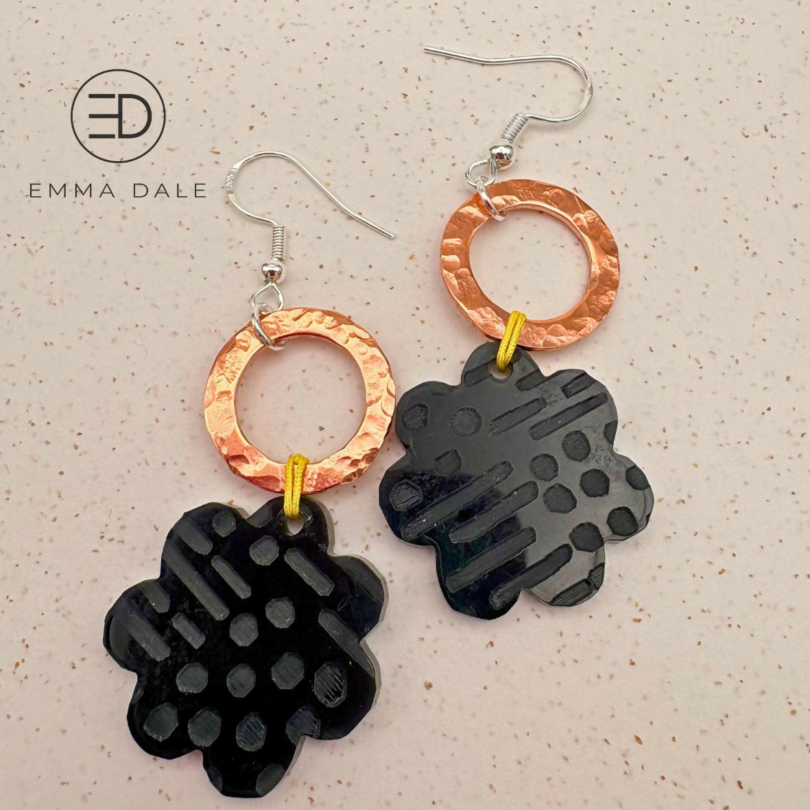 Black Doodle Flower & Hand-Hammered Copper Earrings