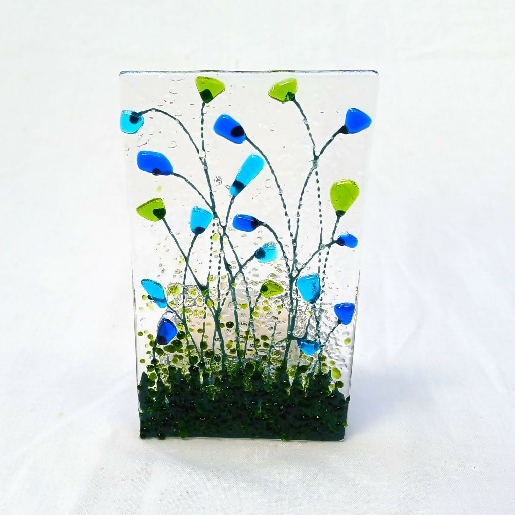 Handmade Fused Glass Tea Light Holder with Blue & Green Flowers