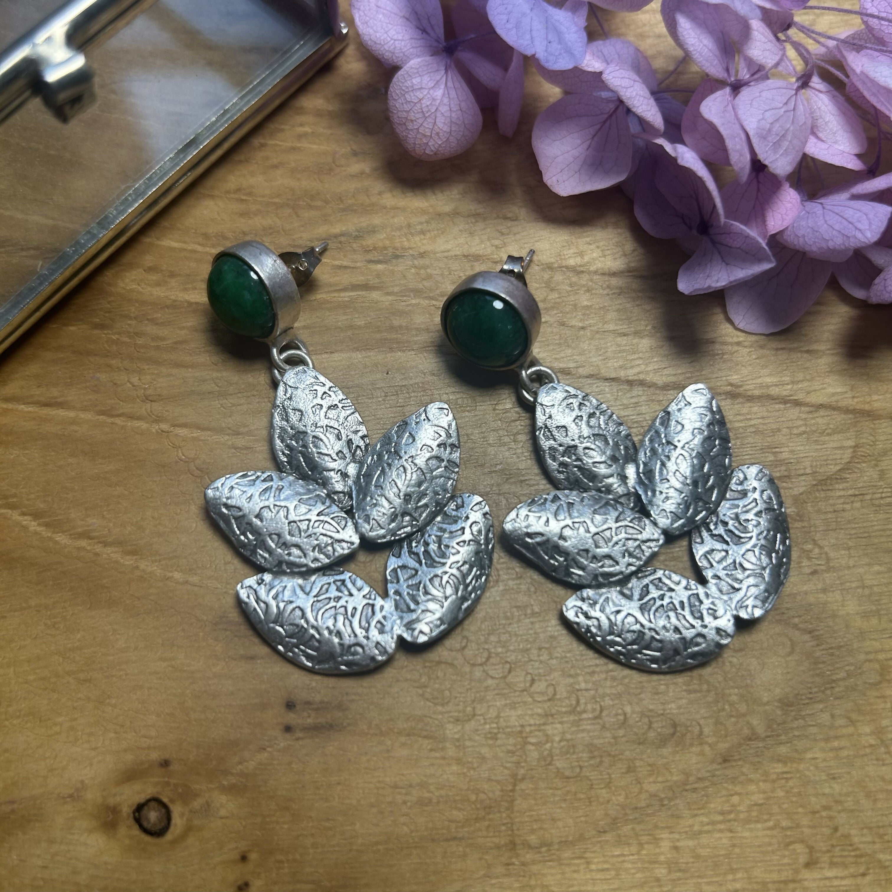Stunning Large Leaf & Green agate Earrings