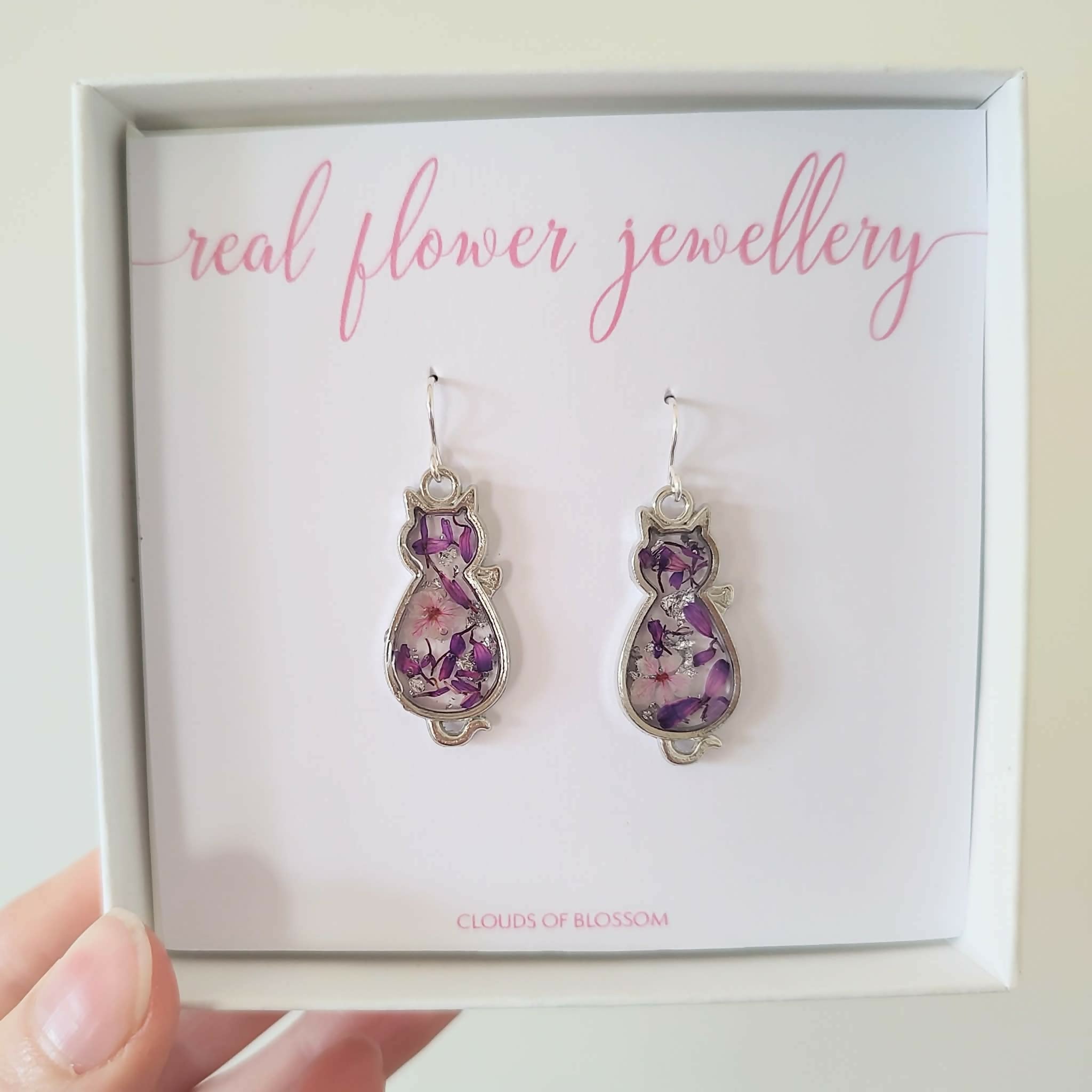 Real Flower Cat Purple Petal Earrings Sterling Silver