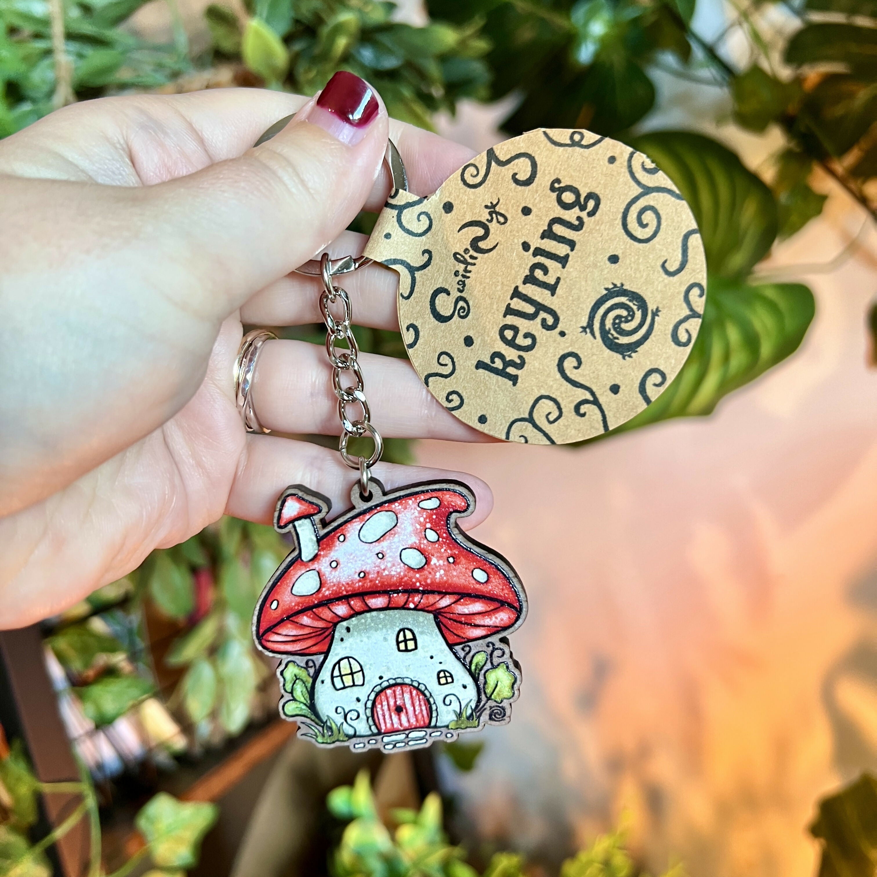 Mushroom House Wooden Keyring