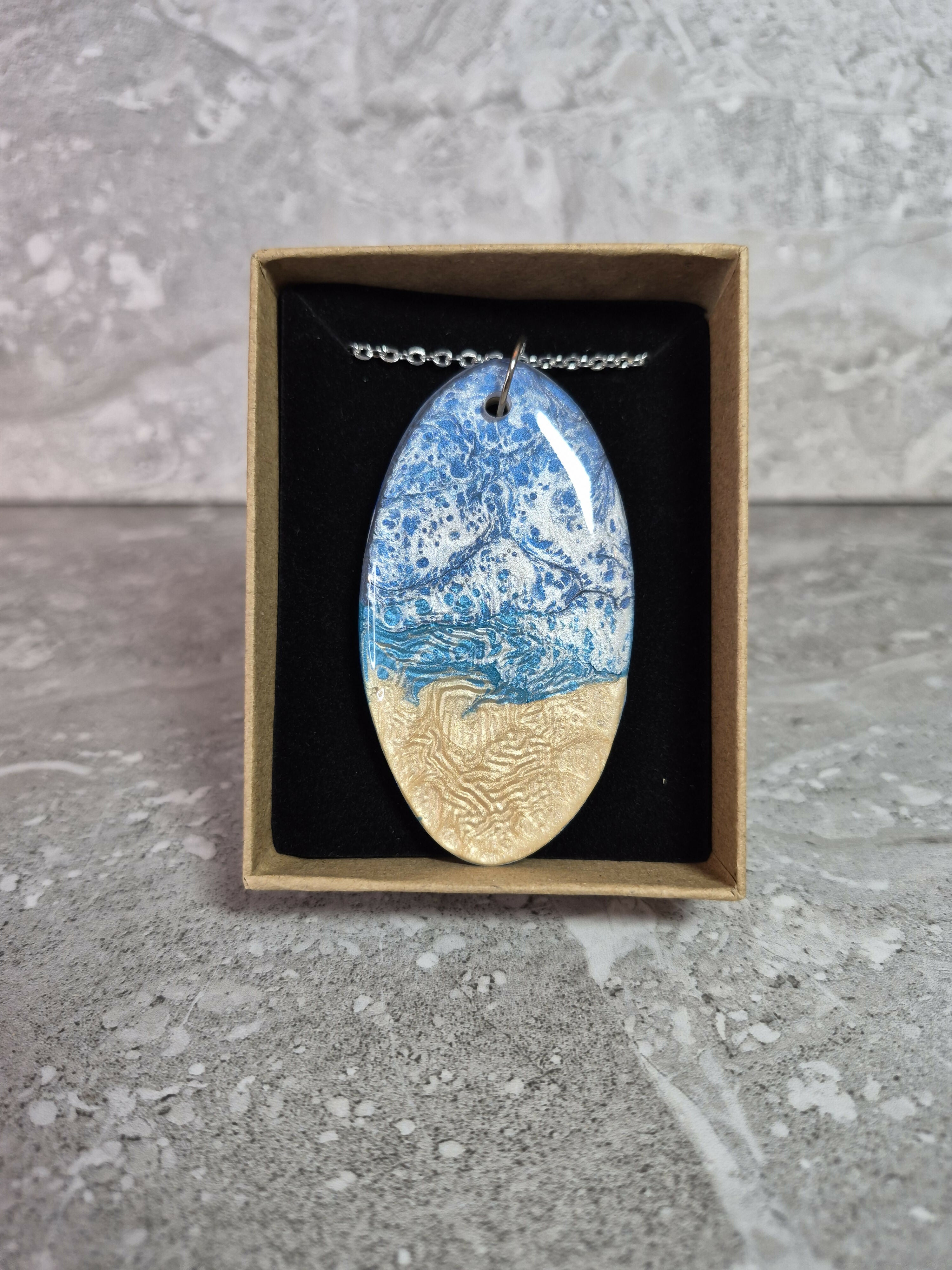 Unique Hand Crafted Double Sided Blue, Cyan, Ivory and Sand Large Oval Pendant - Wood and Resin