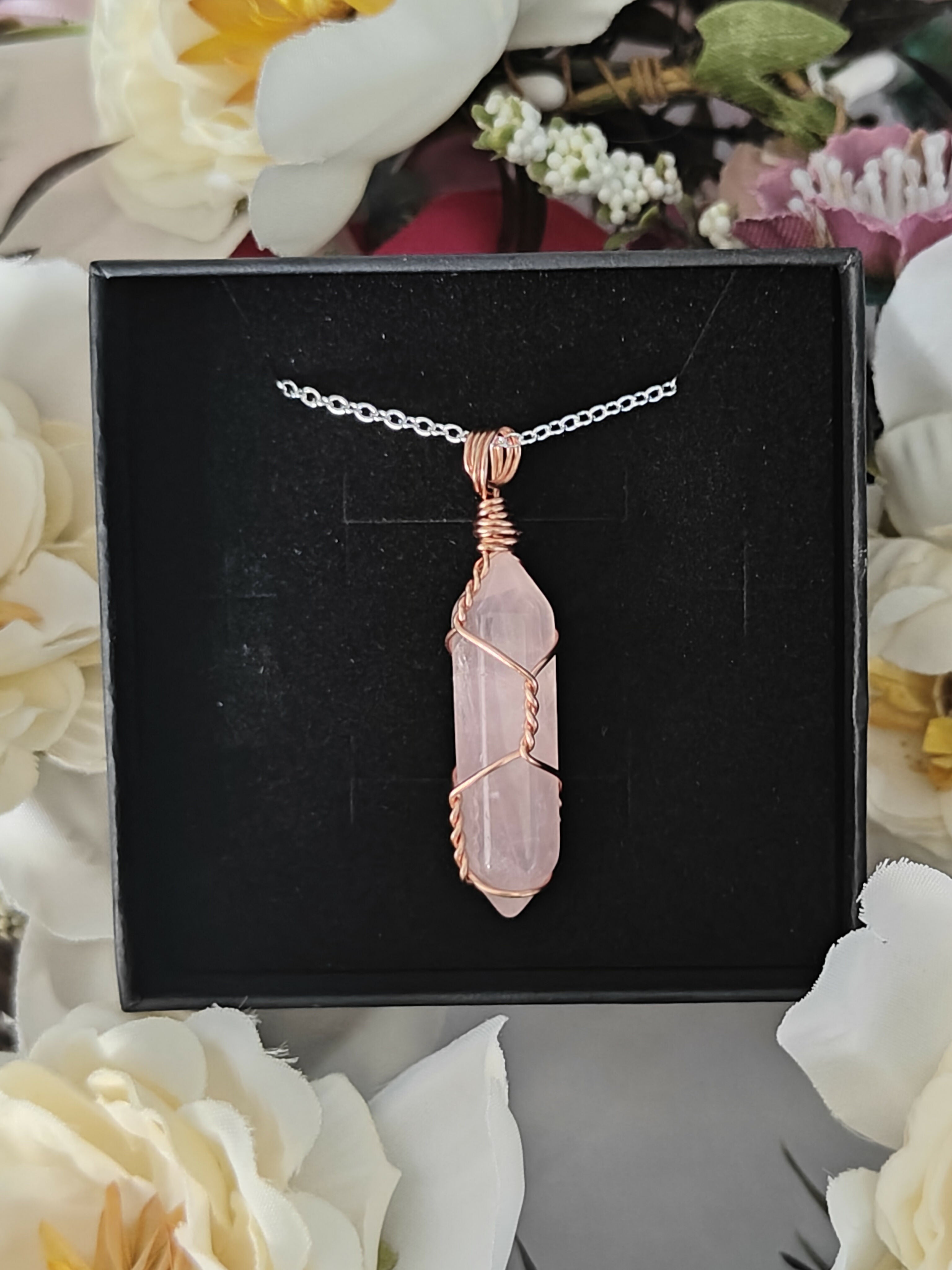 Rose Quartz Wire Wrapped Crystal Necklace on Sterling Silver Chain