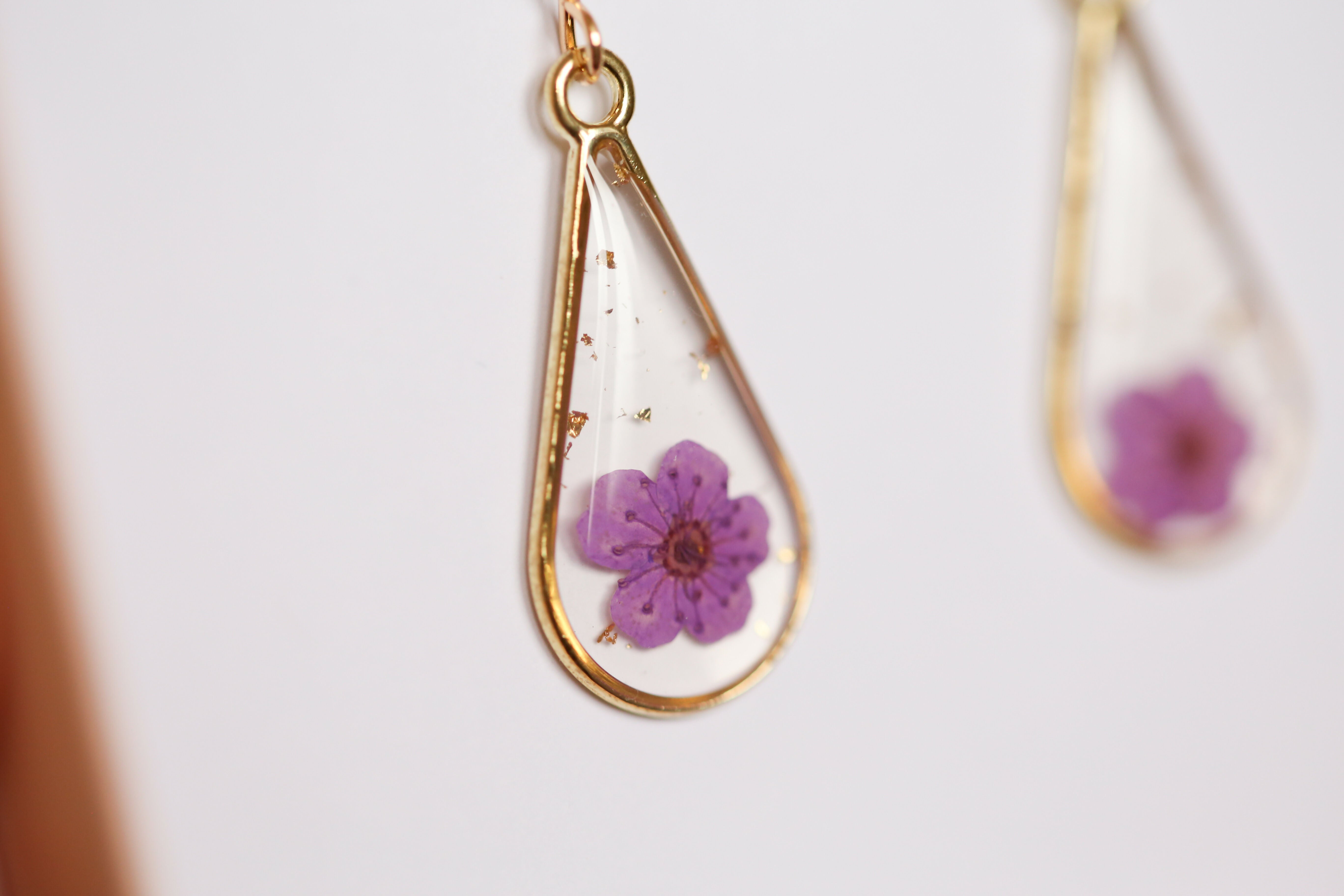 Purple Baby’s Breath Long Teardrop Earrings Gold Plated