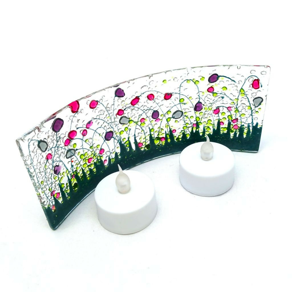 Small Fused Glass Flower Meadow Curve (Pinks)