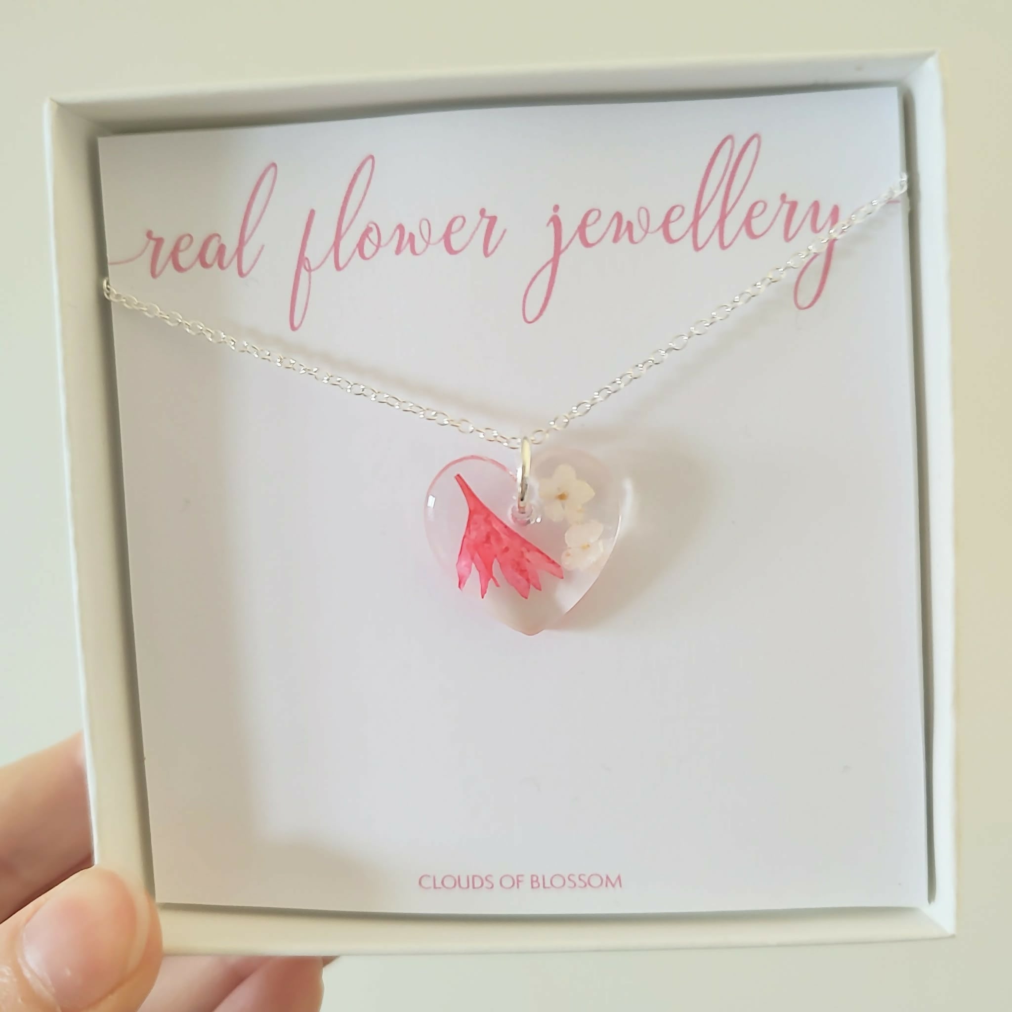 Pink Corn Flower 3D Heart Shaped Necklace Silver Plated